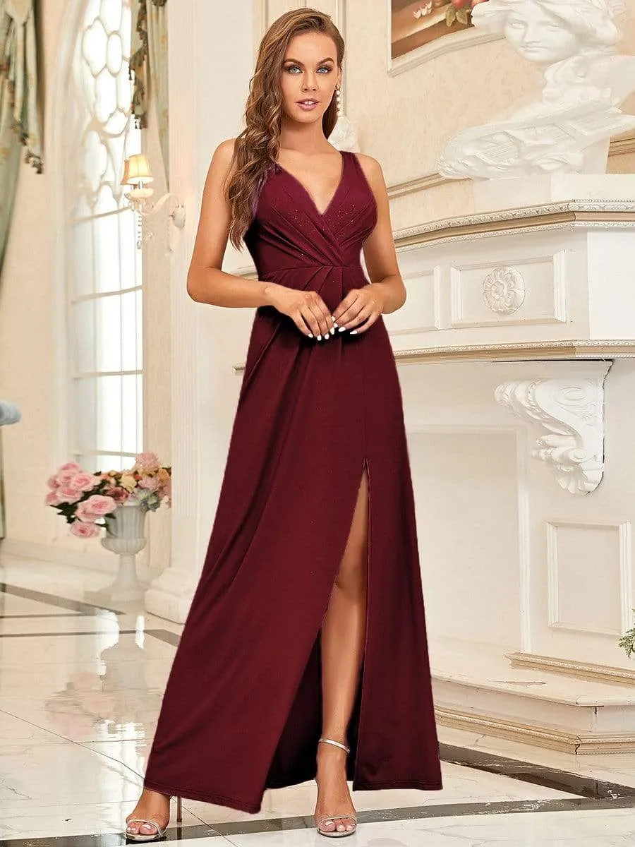 Floor Length V Neck Shiny Evening Dress with Side Split