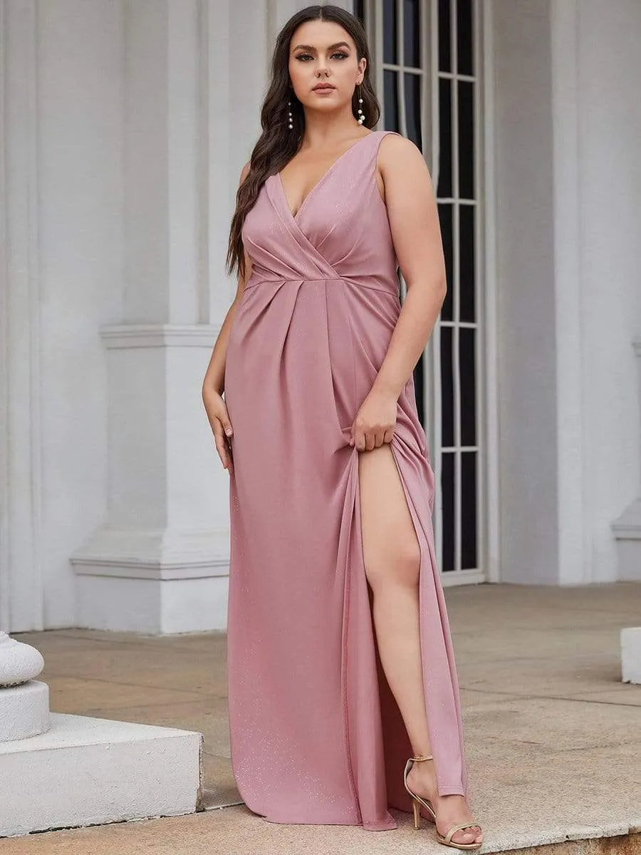 Floor Length V Neck Shiny Evening Dress with Side Split