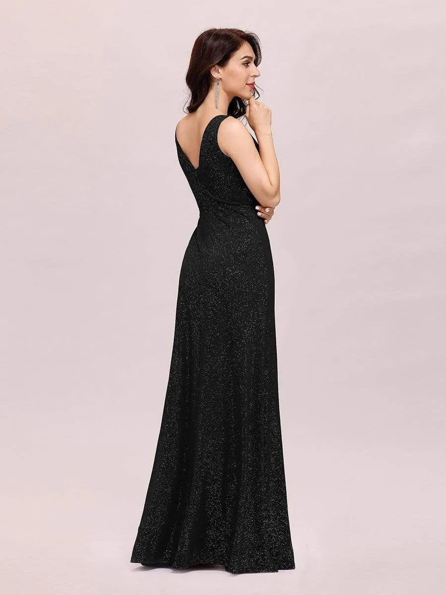 Floor Length V Neck Shiny Evening Dress with Side Split