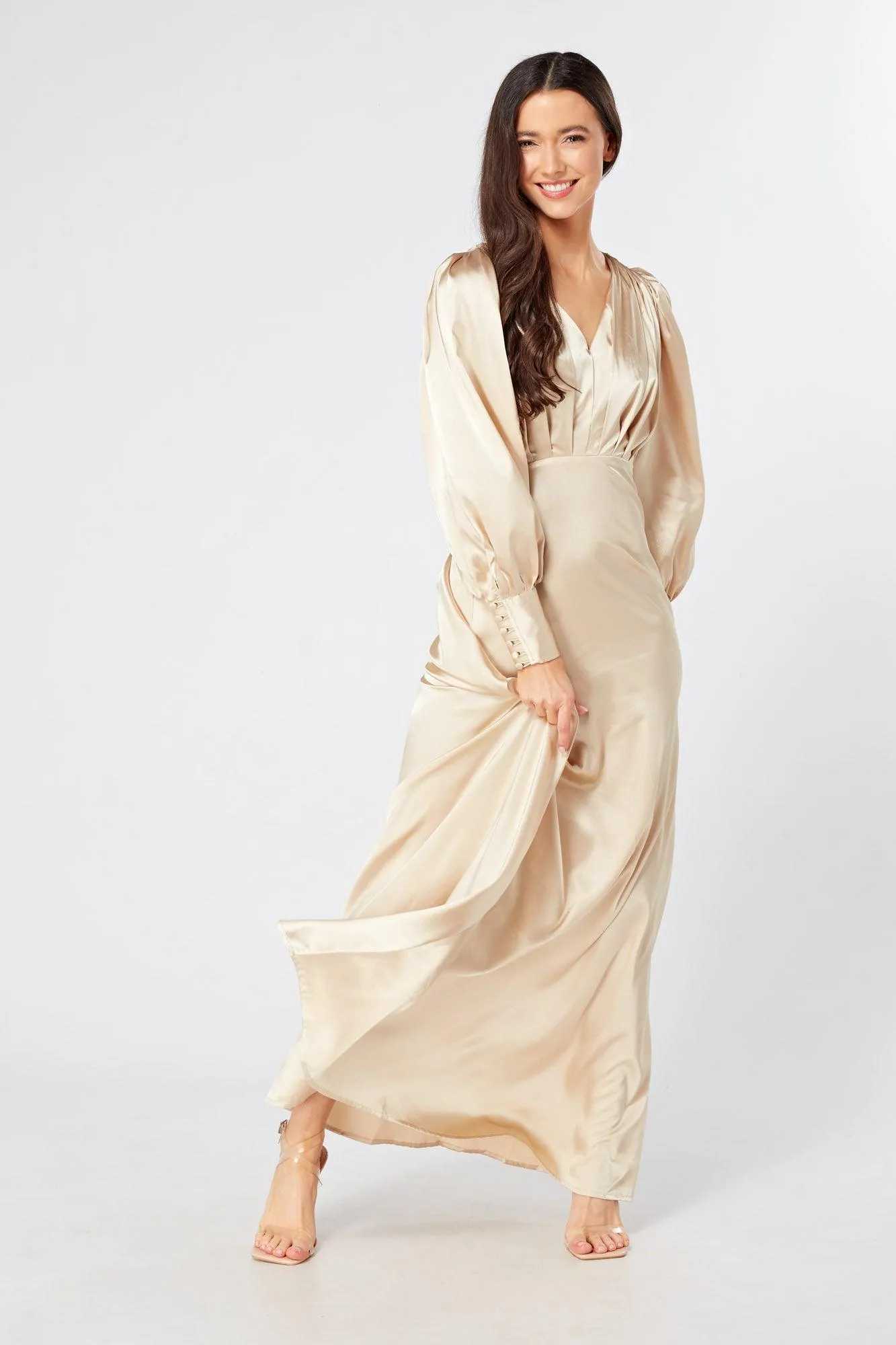 Gabriella Ivory Cream Maxi Satin Dress With Long Sleeves