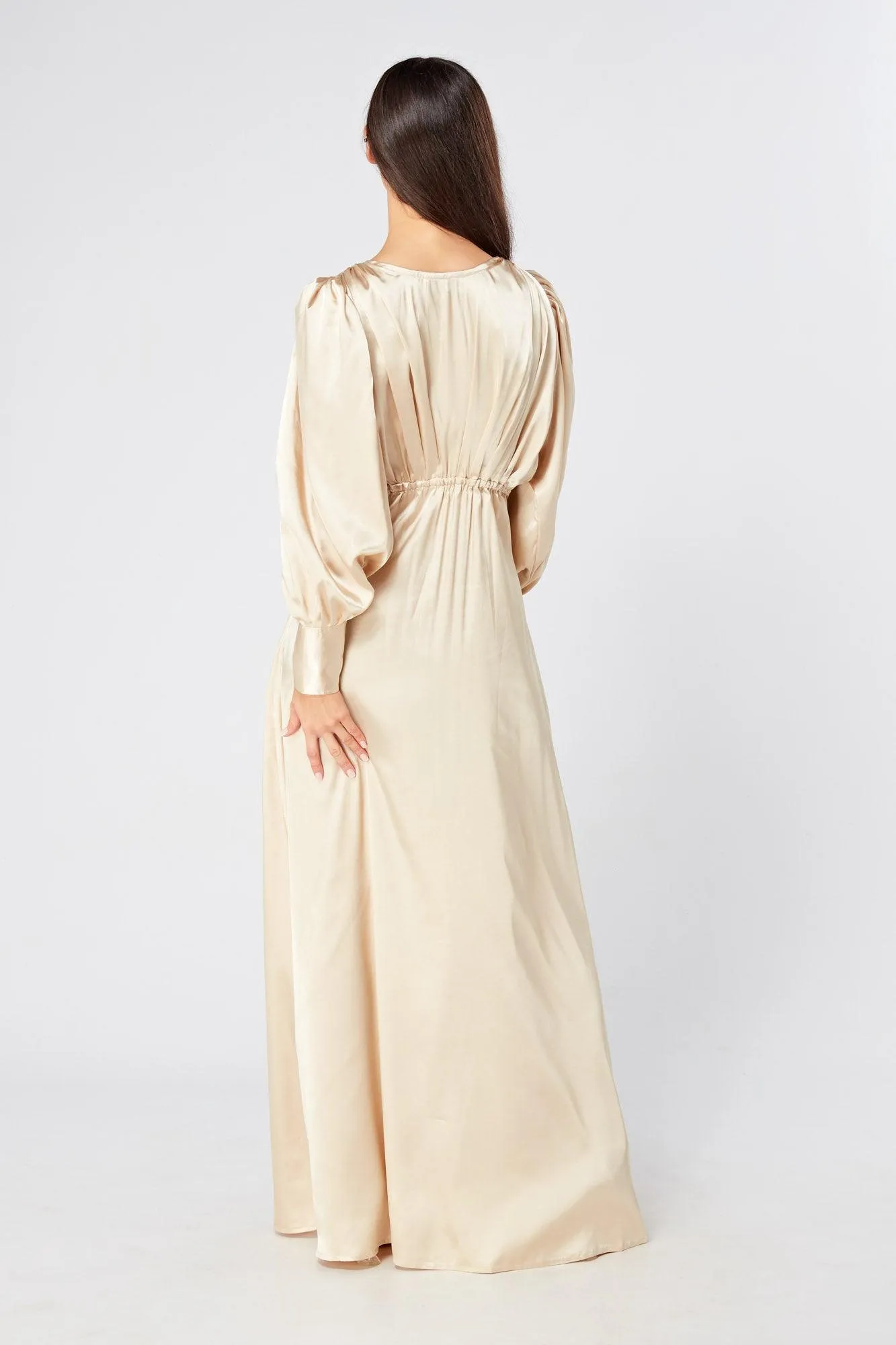 Gabriella Ivory Cream Maxi Satin Dress With Long Sleeves