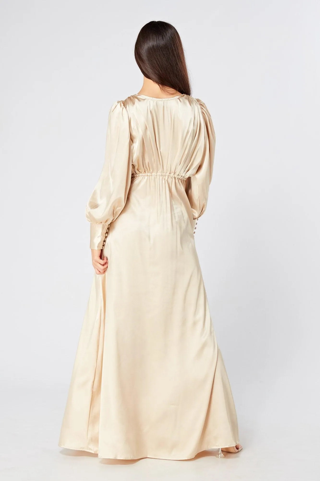 Gabriella Ivory Cream Maxi Satin Dress With Long Sleeves