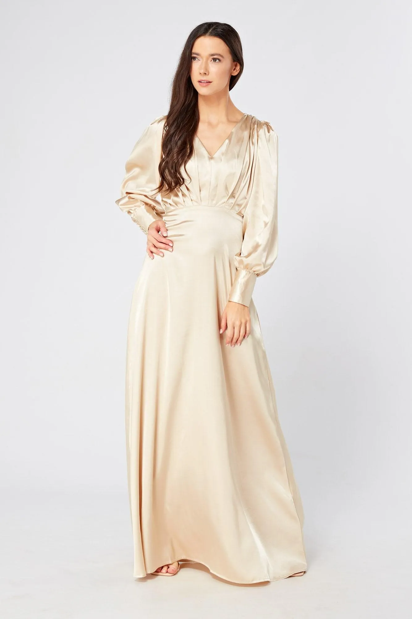 Gabriella Ivory Cream Maxi Satin Dress With Long Sleeves