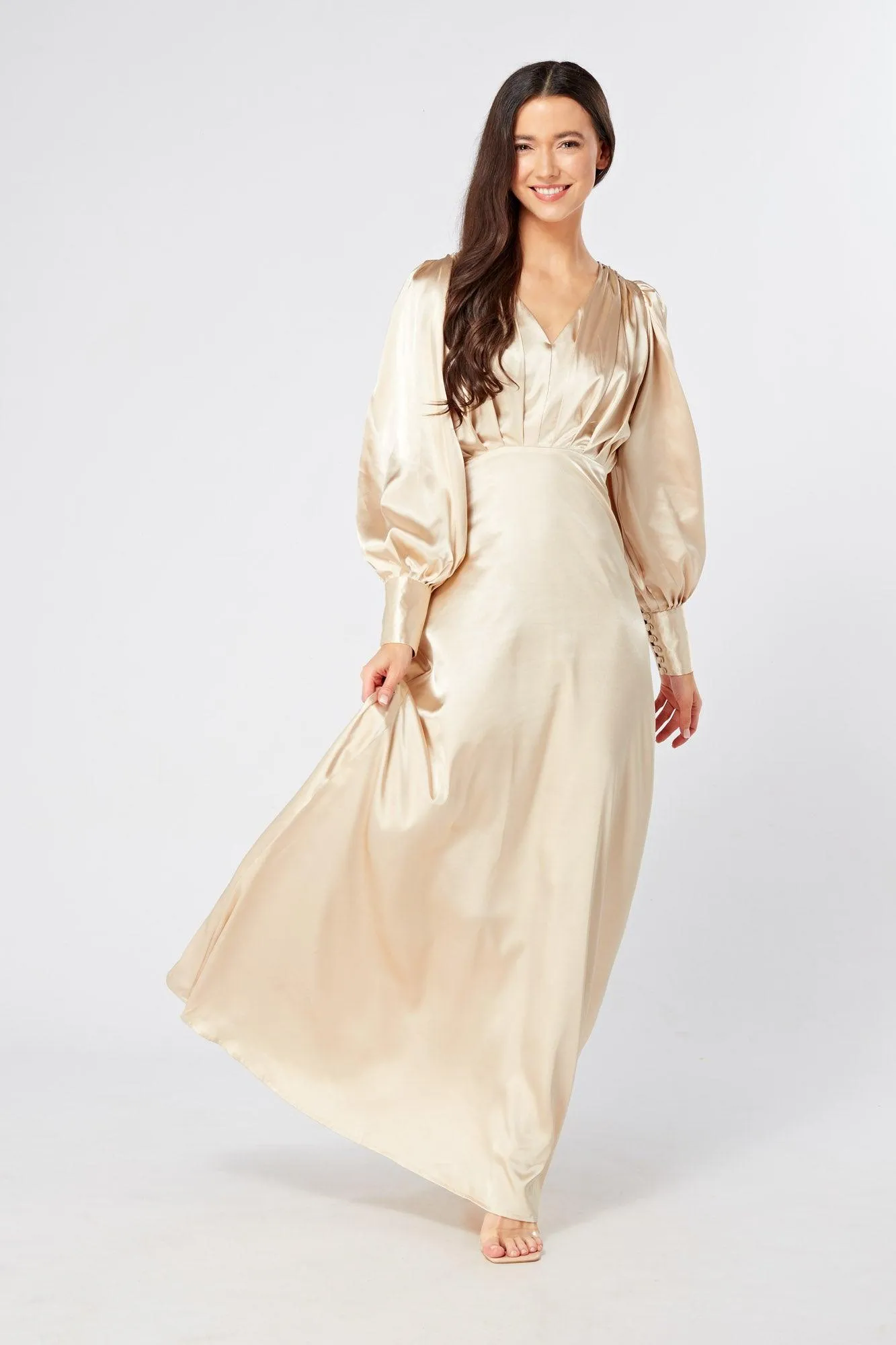 Gabriella Ivory Cream Maxi Satin Dress With Long Sleeves