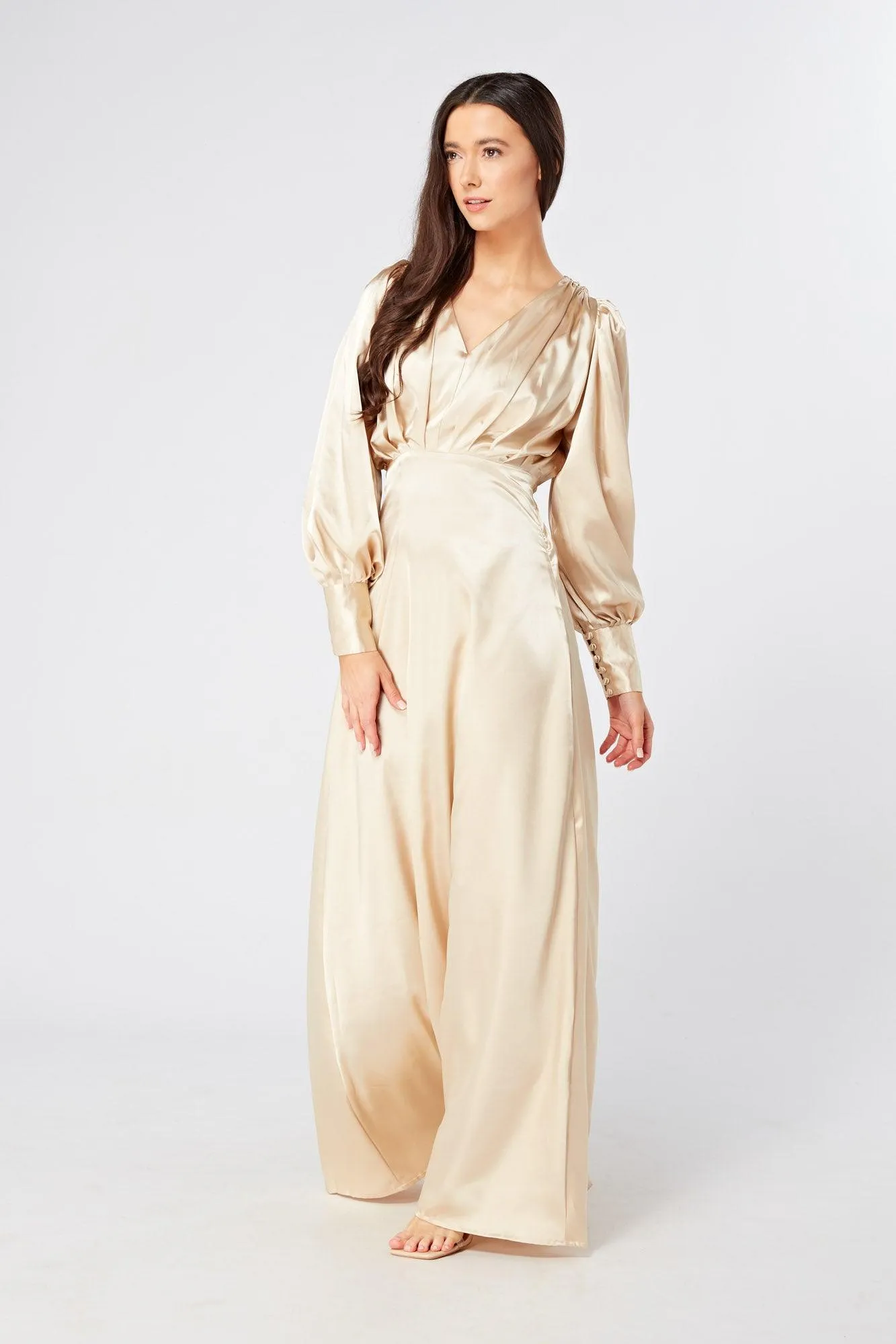 Gabriella Ivory Cream Maxi Satin Dress With Long Sleeves