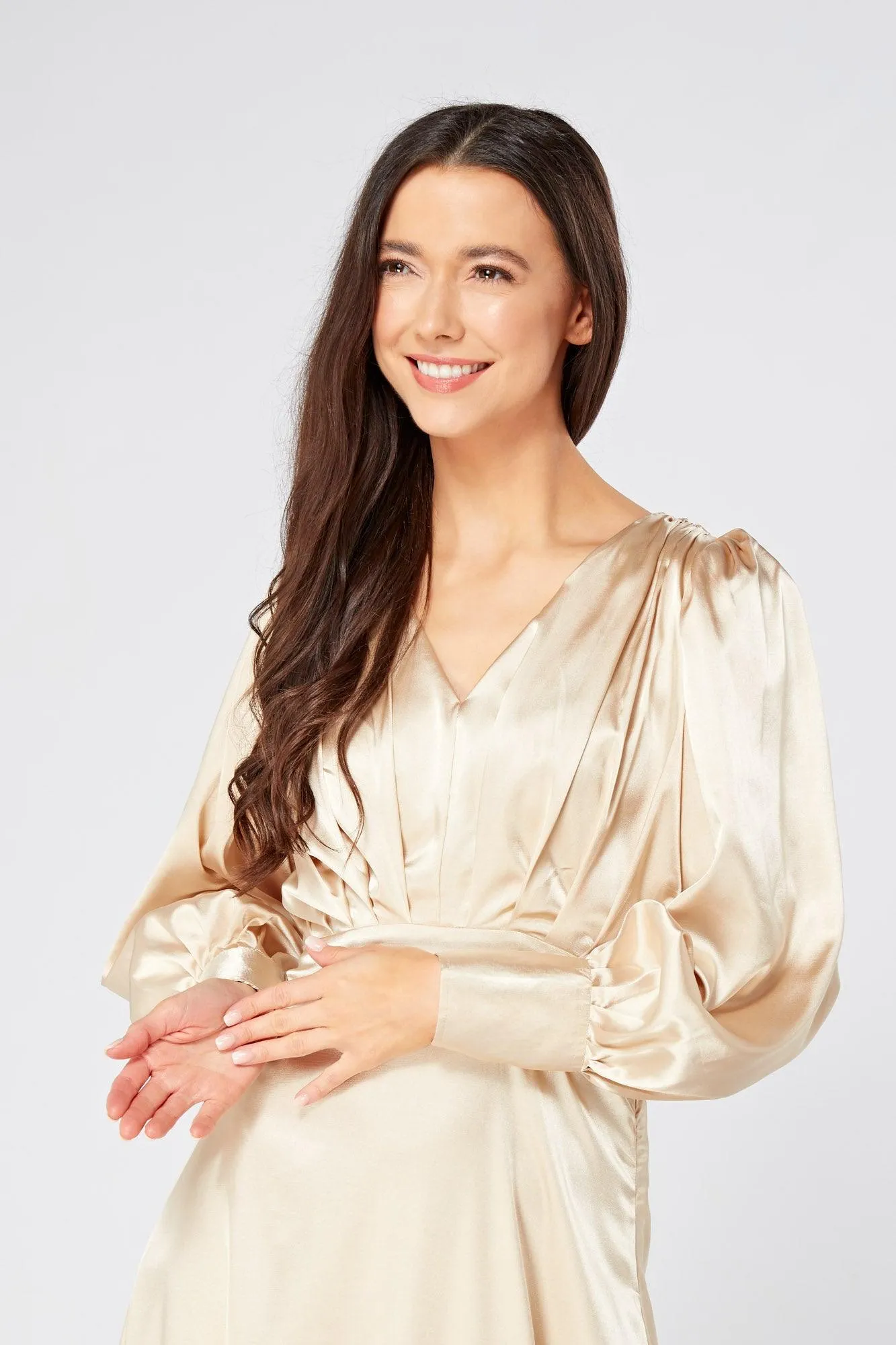 Gabriella Ivory Cream Maxi Satin Dress With Long Sleeves