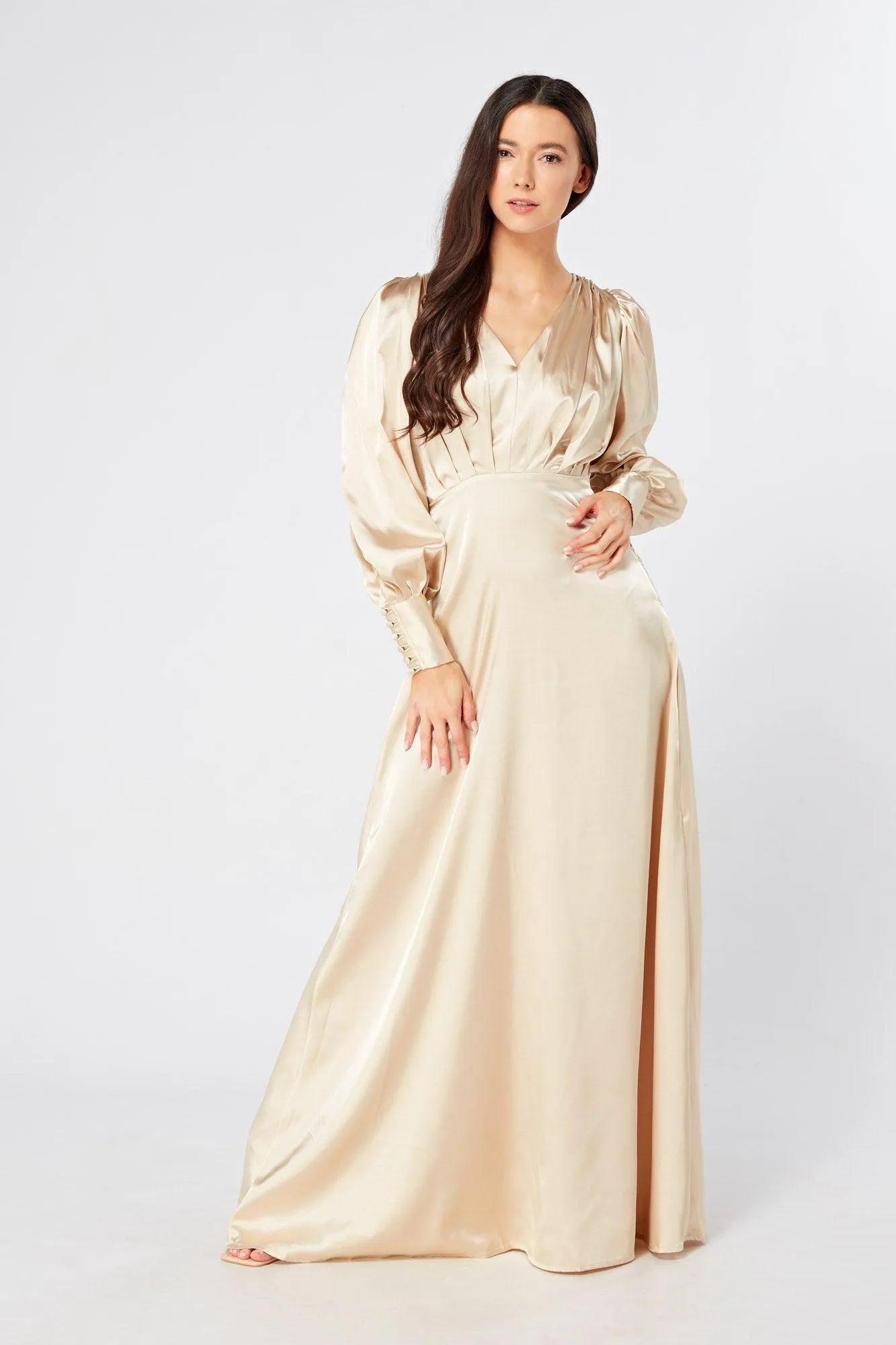 Gabriella Ivory Cream Maxi Satin Dress With Long Sleeves