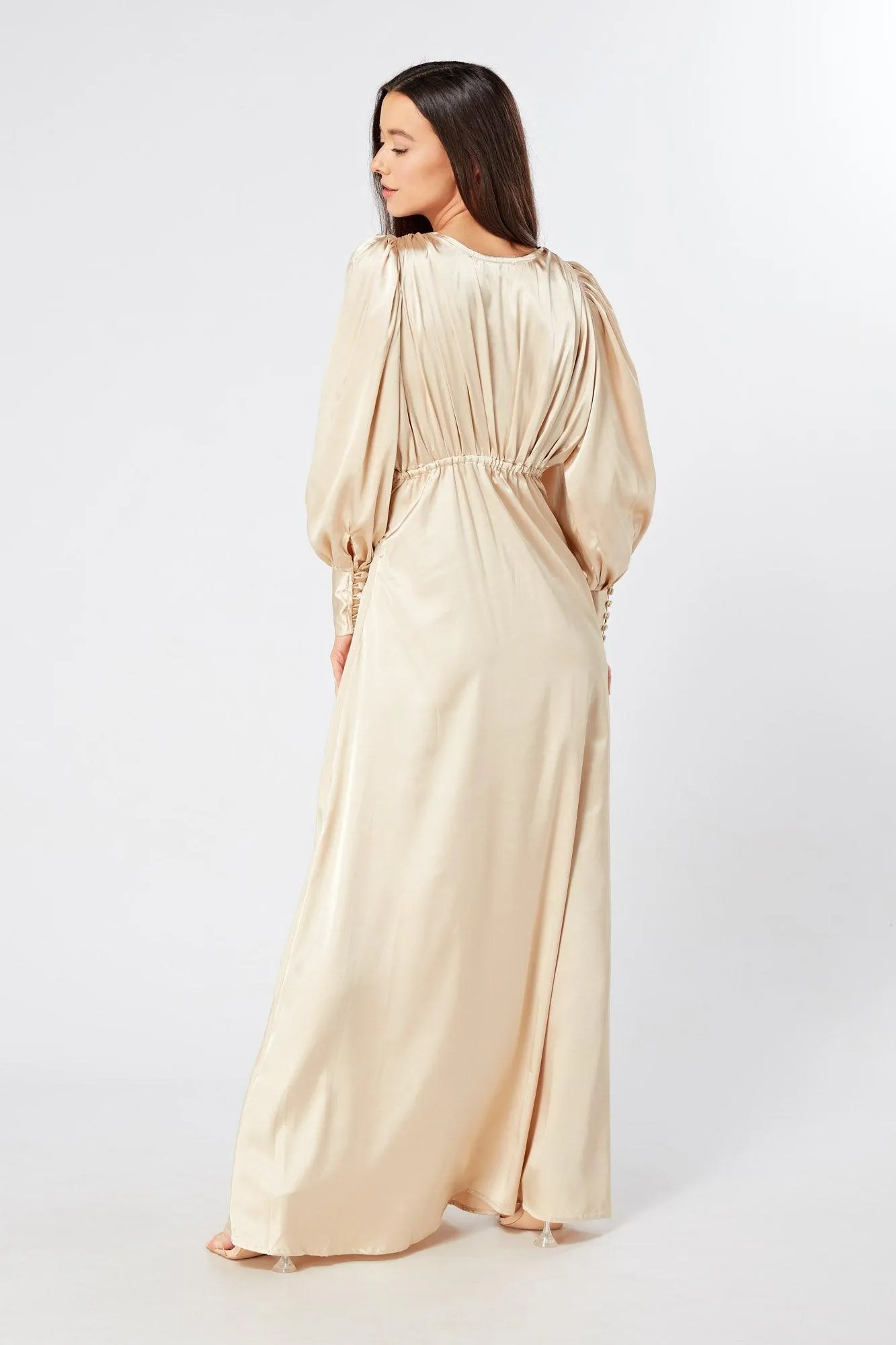 Gabriella Ivory Cream Maxi Satin Dress With Long Sleeves