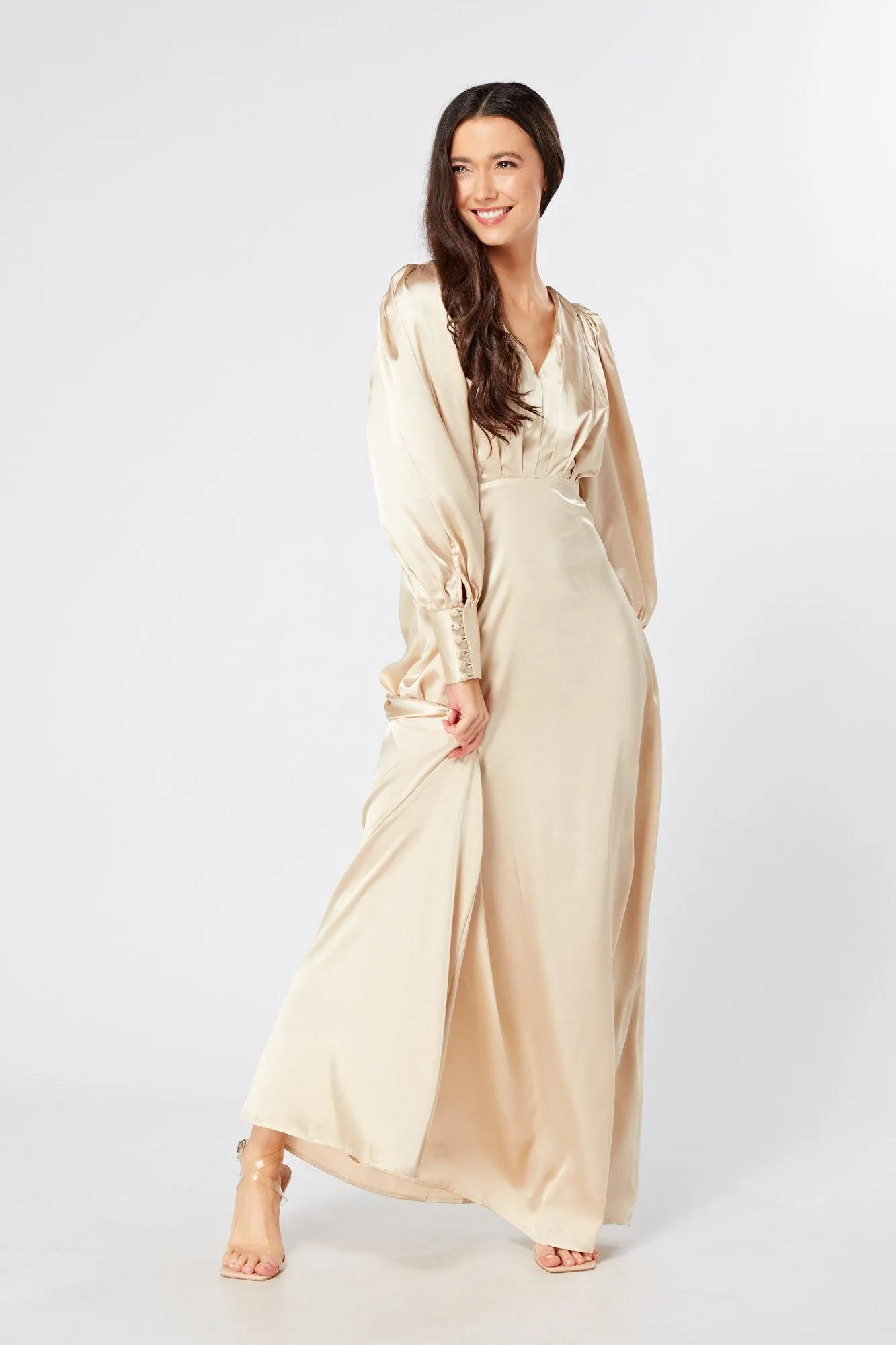 Gabriella Ivory Cream Maxi Satin Dress With Long Sleeves