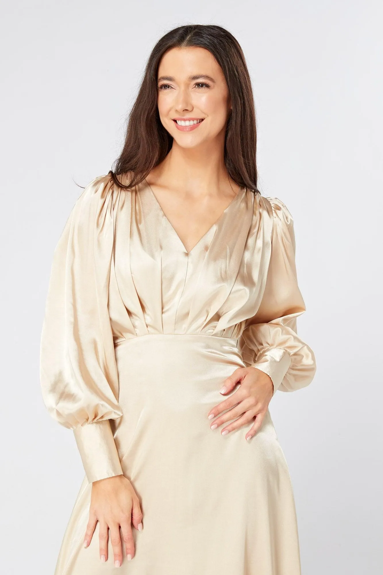 Gabriella Ivory Cream Maxi Satin Dress With Long Sleeves