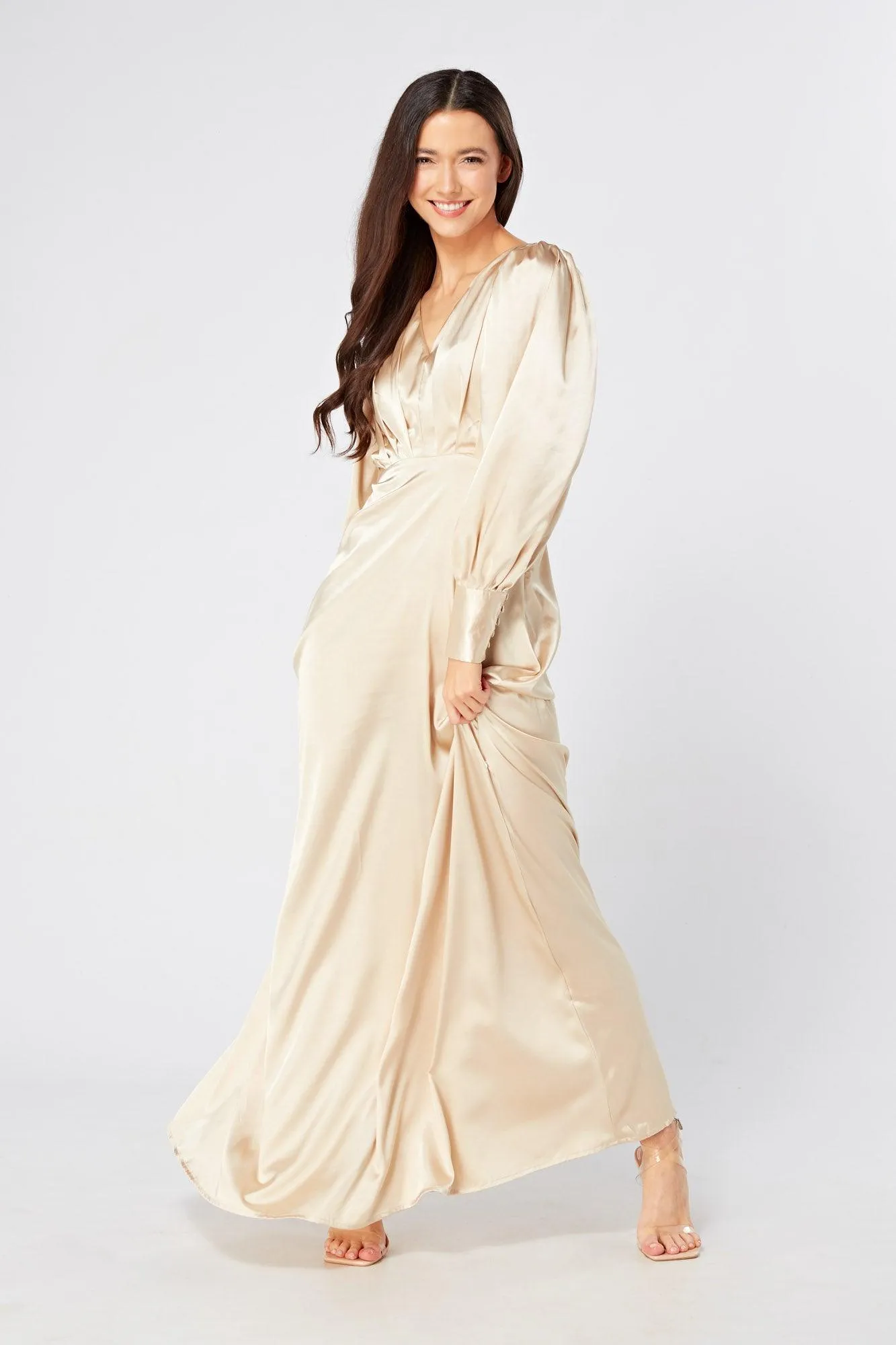 Gabriella Ivory Cream Maxi Satin Dress With Long Sleeves