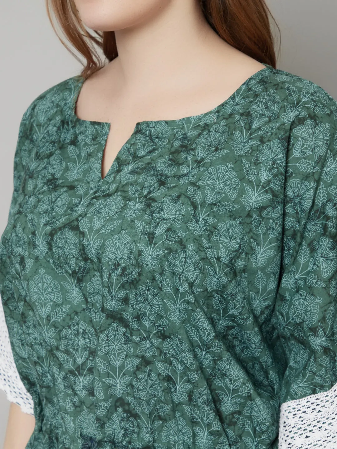 Green Cotton Floral Print Long Kaftan With Lace