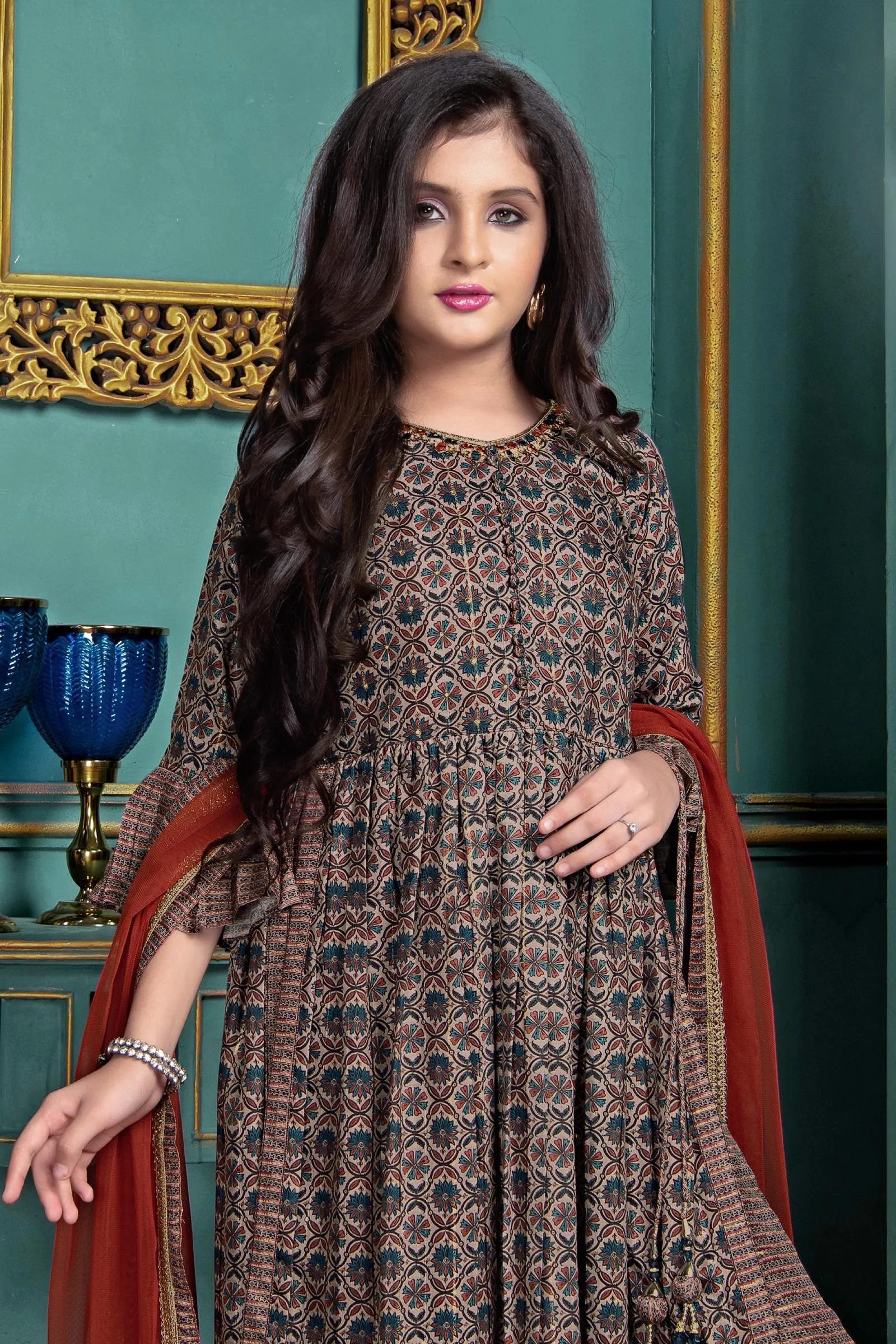 Grey with Floral Print, Sequins and Zari Weaving work Anarkali Style Salwar Suit for Girls