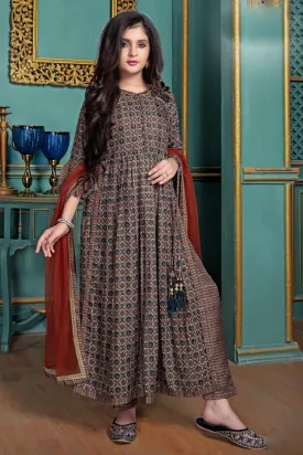 Grey with Floral Print, Sequins and Zari Weaving work Anarkali Style Salwar Suit for Girls