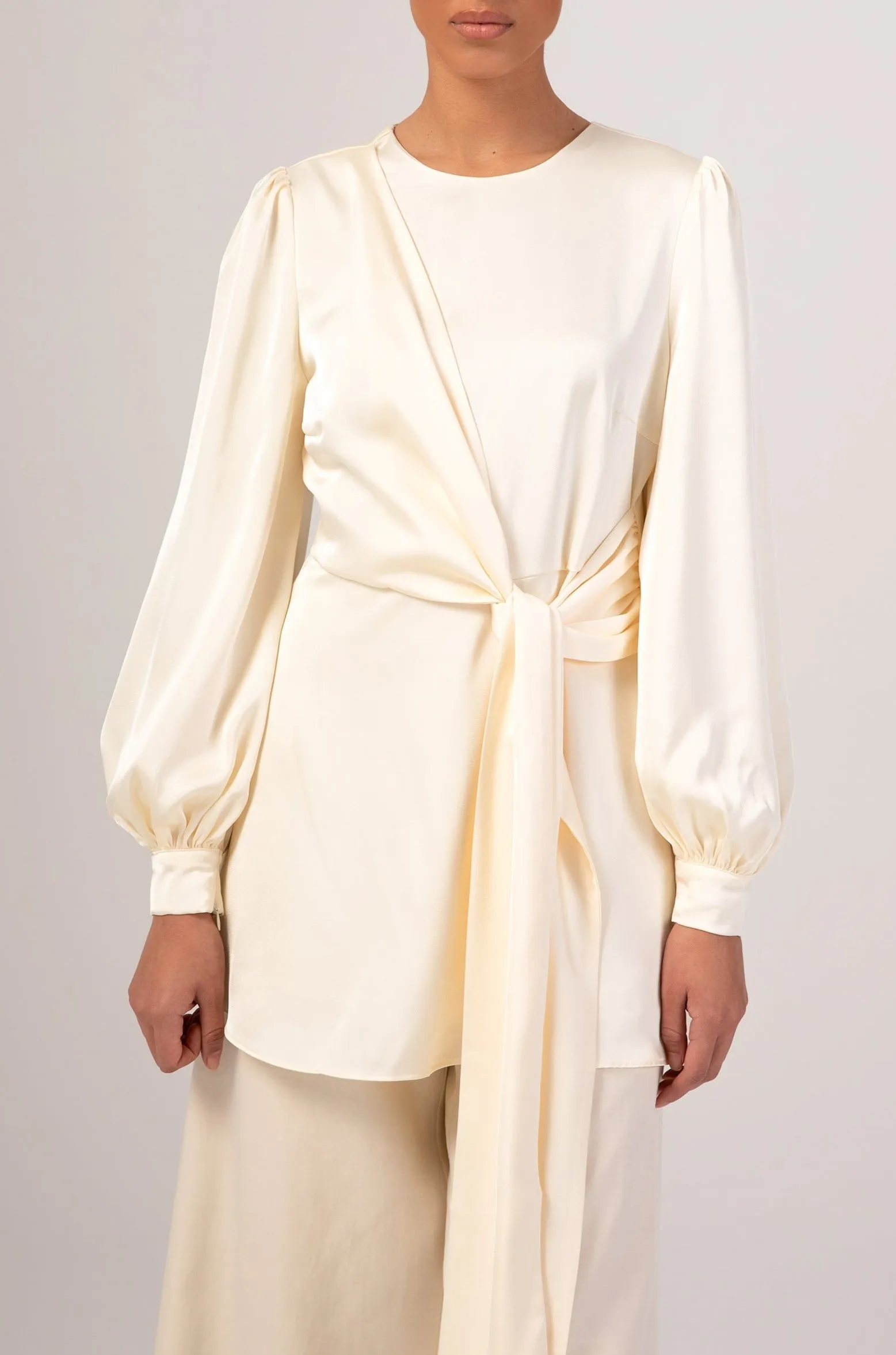 Hala Side Tie Satin Blouse - Off White