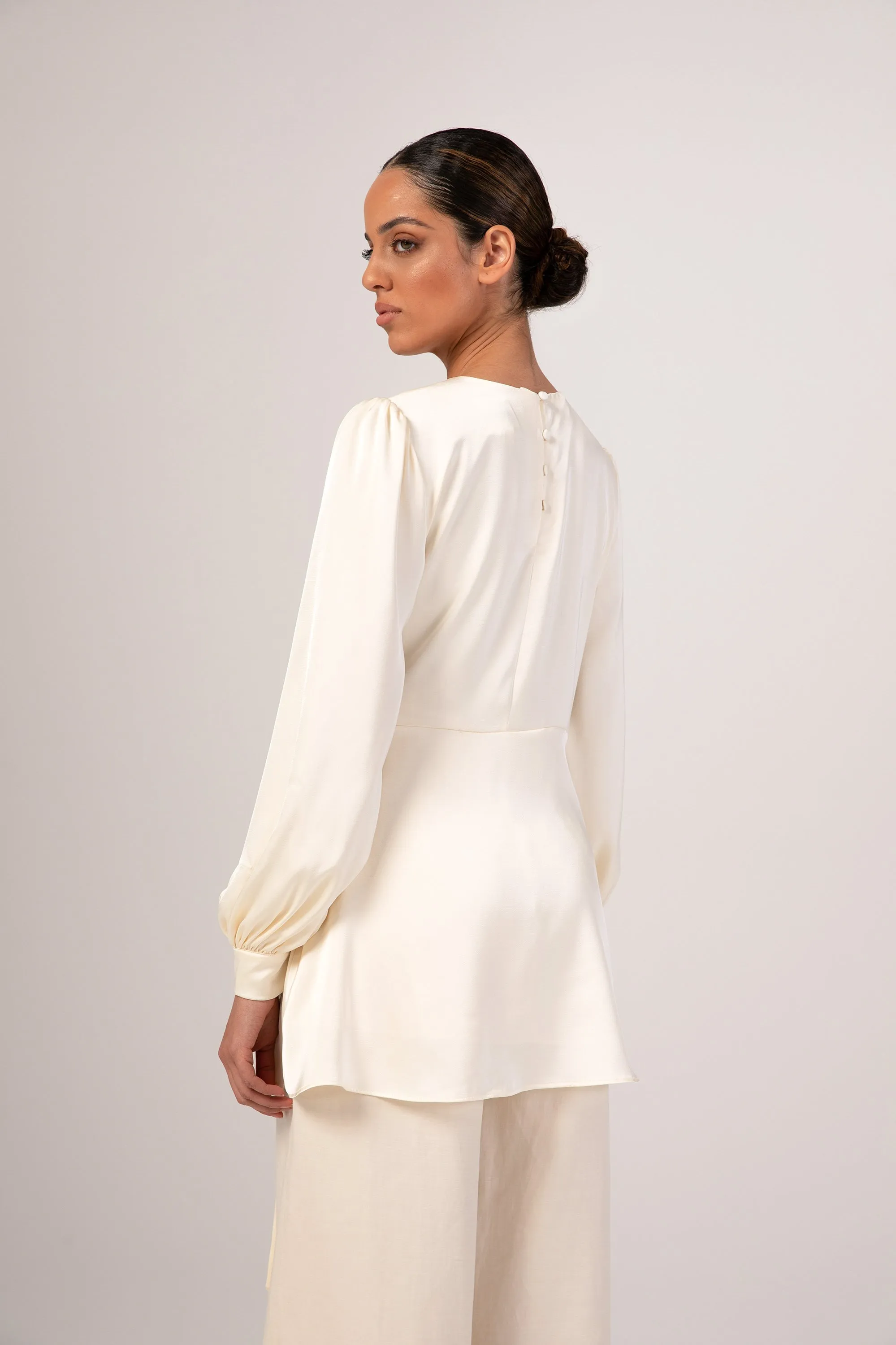 Hala Side Tie Satin Blouse - Off White