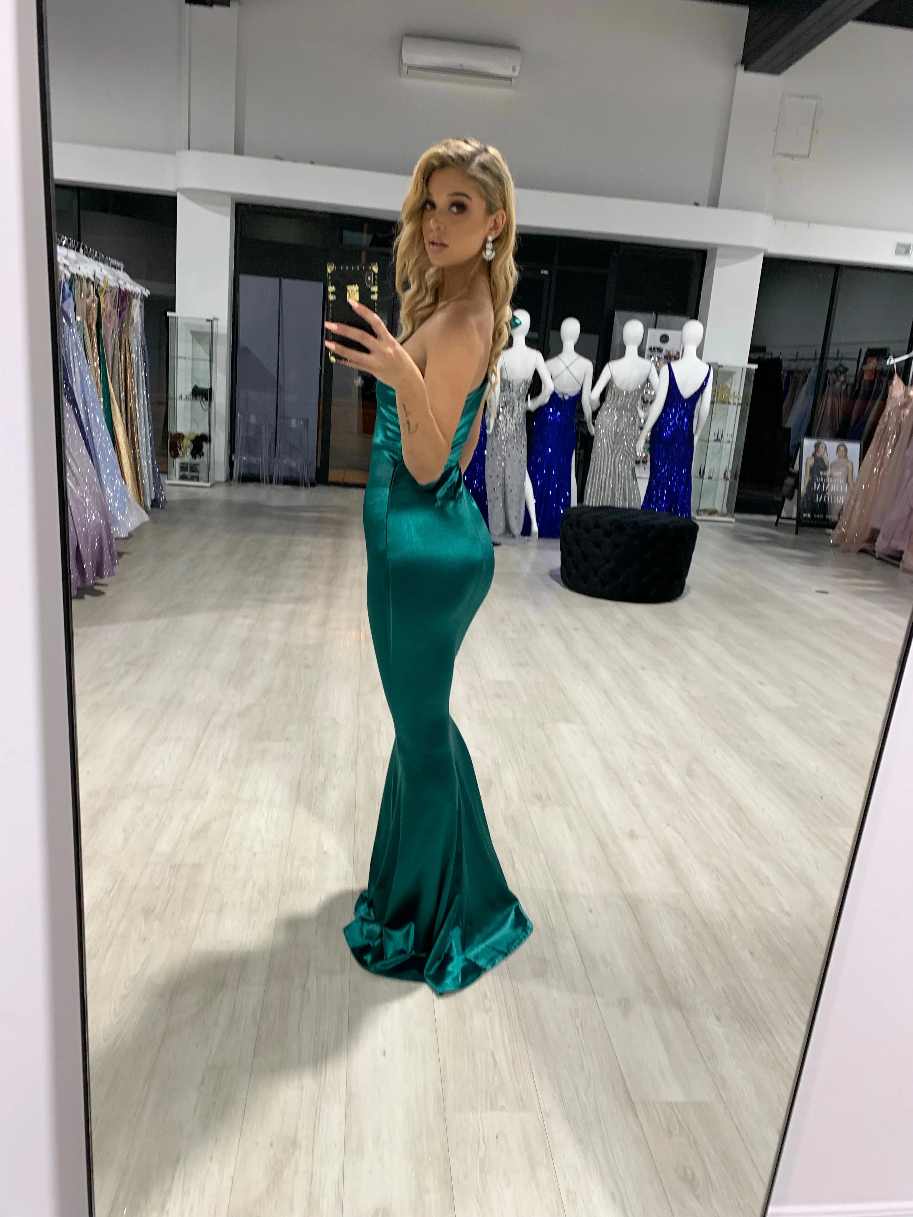 Honey Couture CHARLI Emerald Green Bow Feature One Shoulder Mermaid Formal Dress