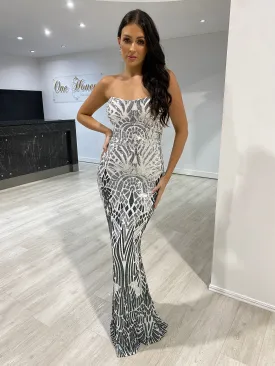 Honey Couture CIENNA White Silver & Black Lace Up Mermaid Formal Dress