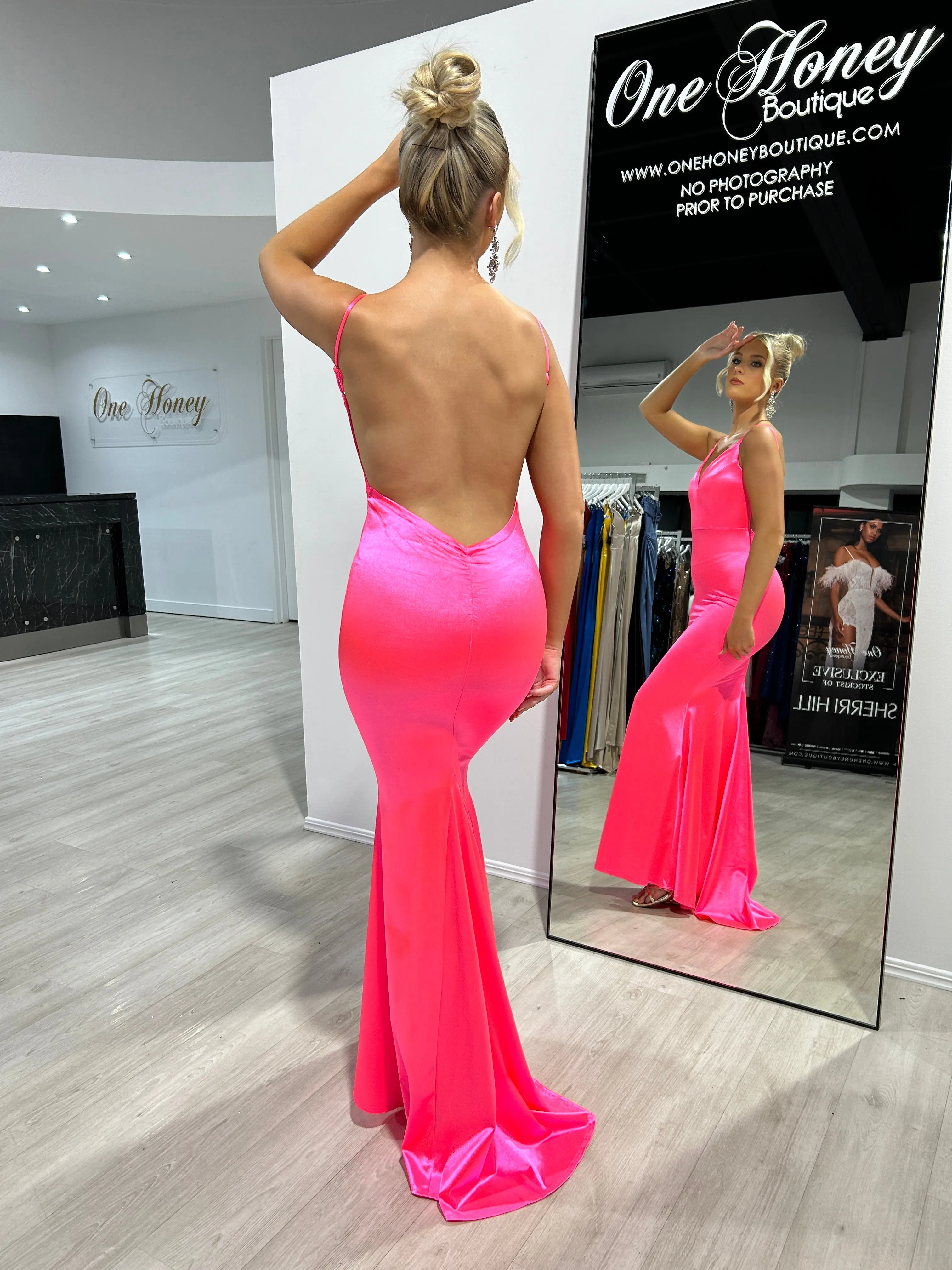 Honey Couture CYRUS Neon Fuchsia Pink Bum Scrunch Low Back Mermaid Formal Dress