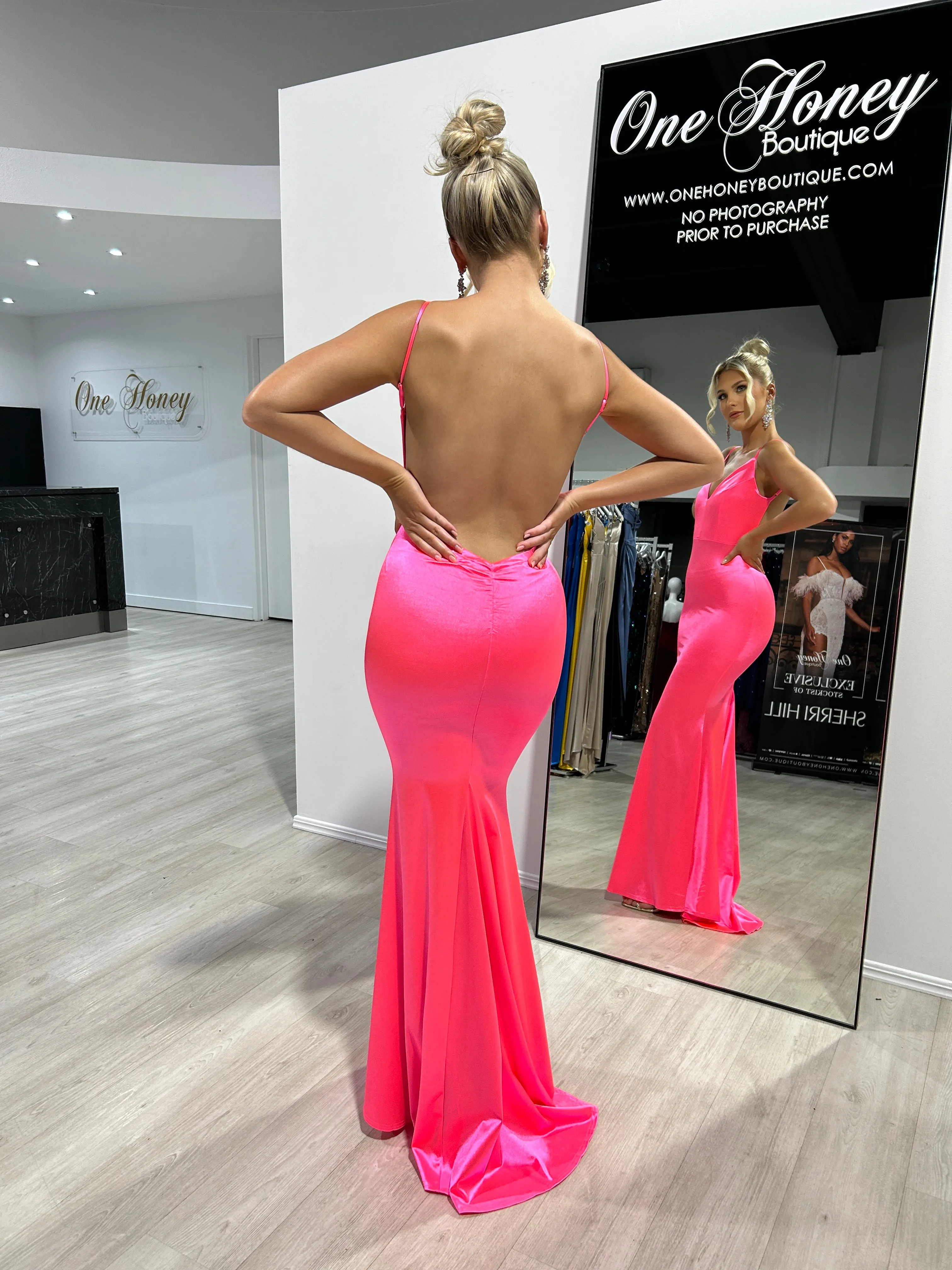 Honey Couture CYRUS Neon Fuchsia Pink Bum Scrunch Low Back Mermaid Formal Dress