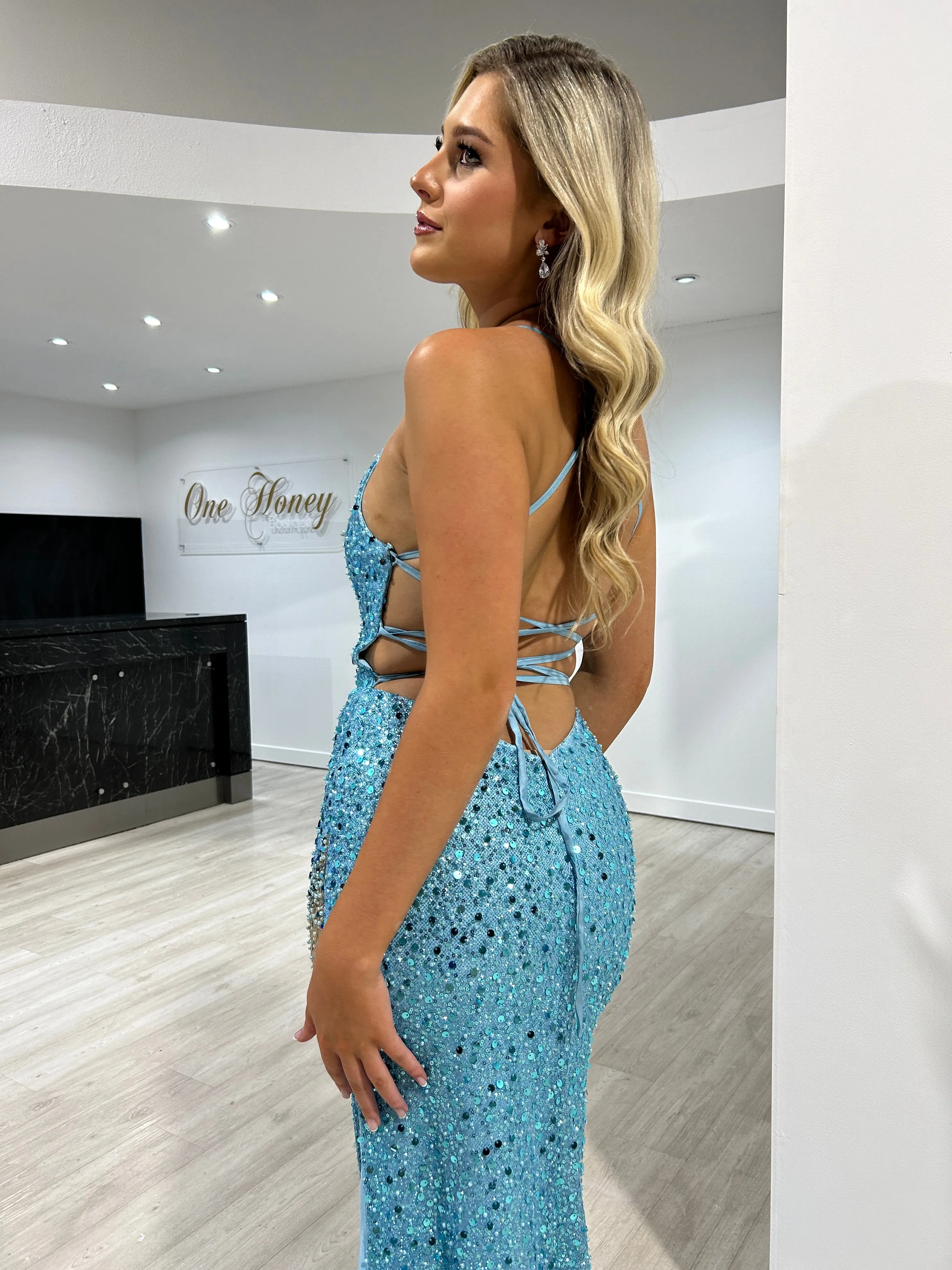 Honey Couture MERLIAH Ocean Blue Sequin Beaded Mermaid Formal Dress