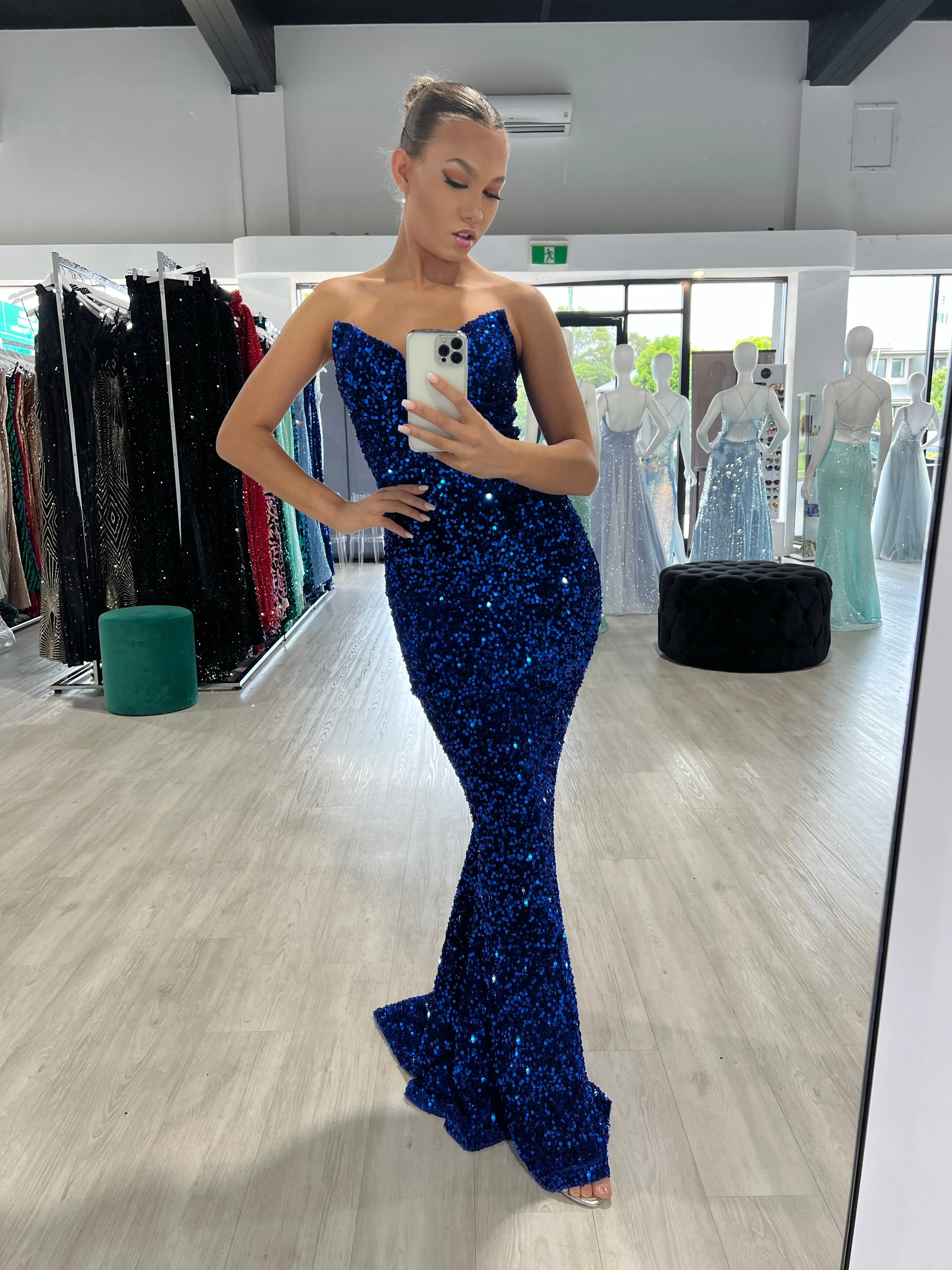 Honey Couture NAOMI Electric Blue Sequin Pointy Strapless Mermaid Evening Dress