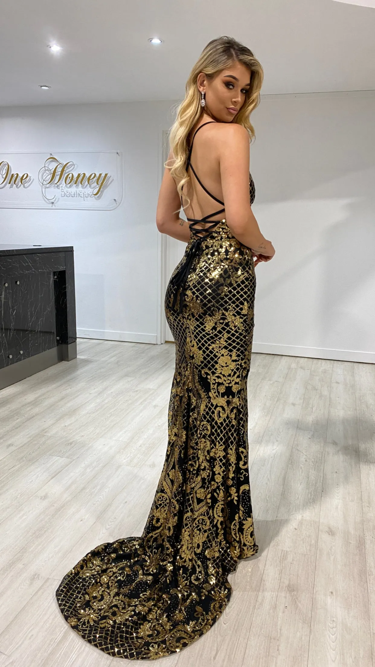 Honey Couture VIXEN Black & Gold Low Back Mermaid Sequin Formal Dress