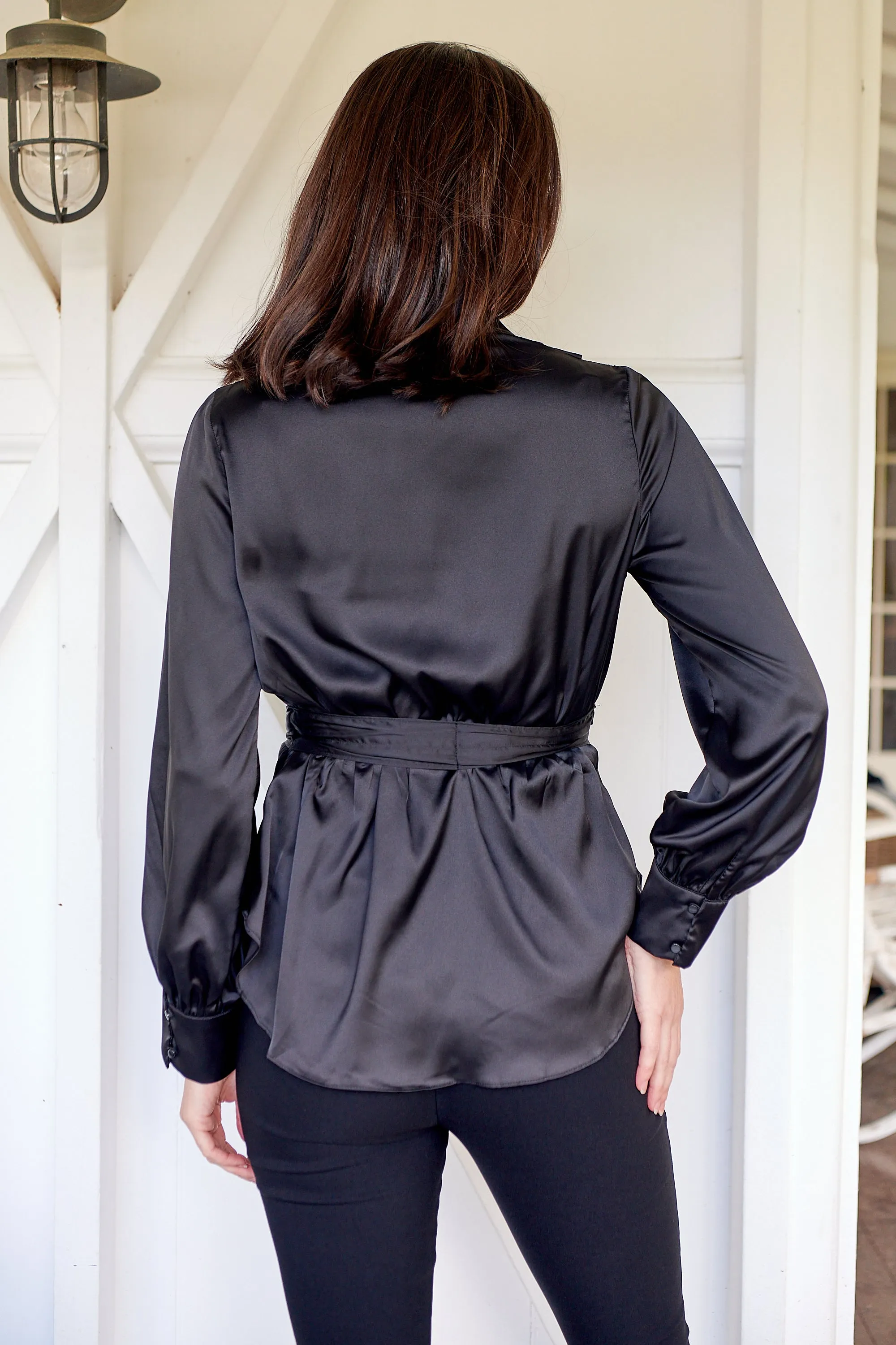 Iris Wrap Black Satin Long Sleeve Evening Top