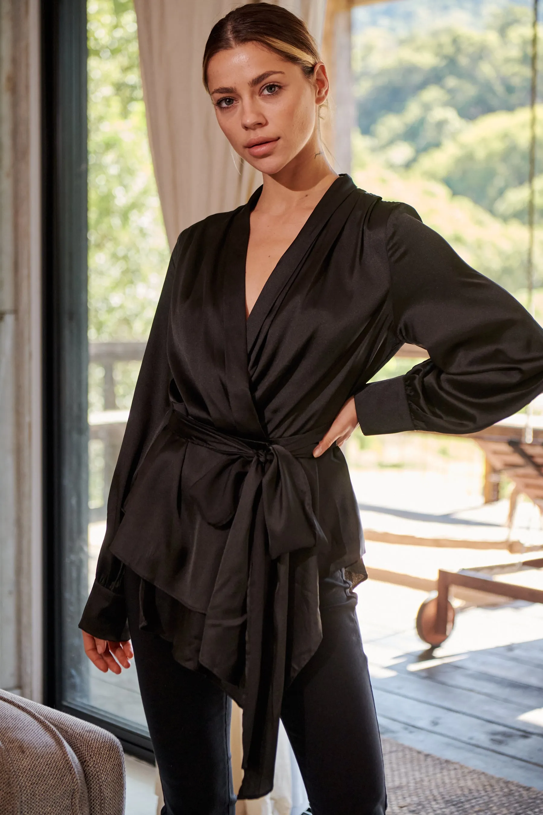 Iris Wrap Black Satin Long Sleeve Evening Top