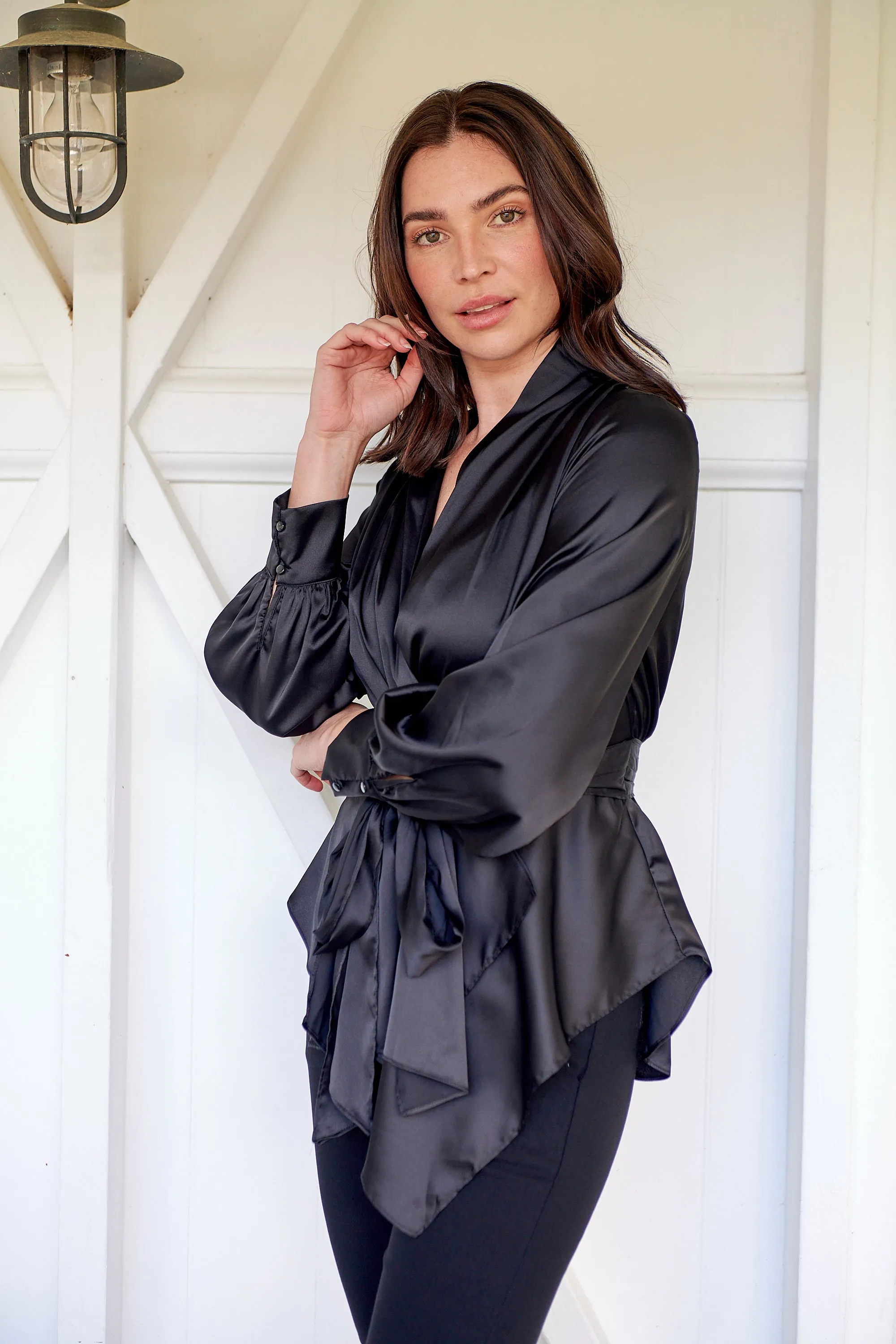 Iris Wrap Black Satin Long Sleeve Evening Top