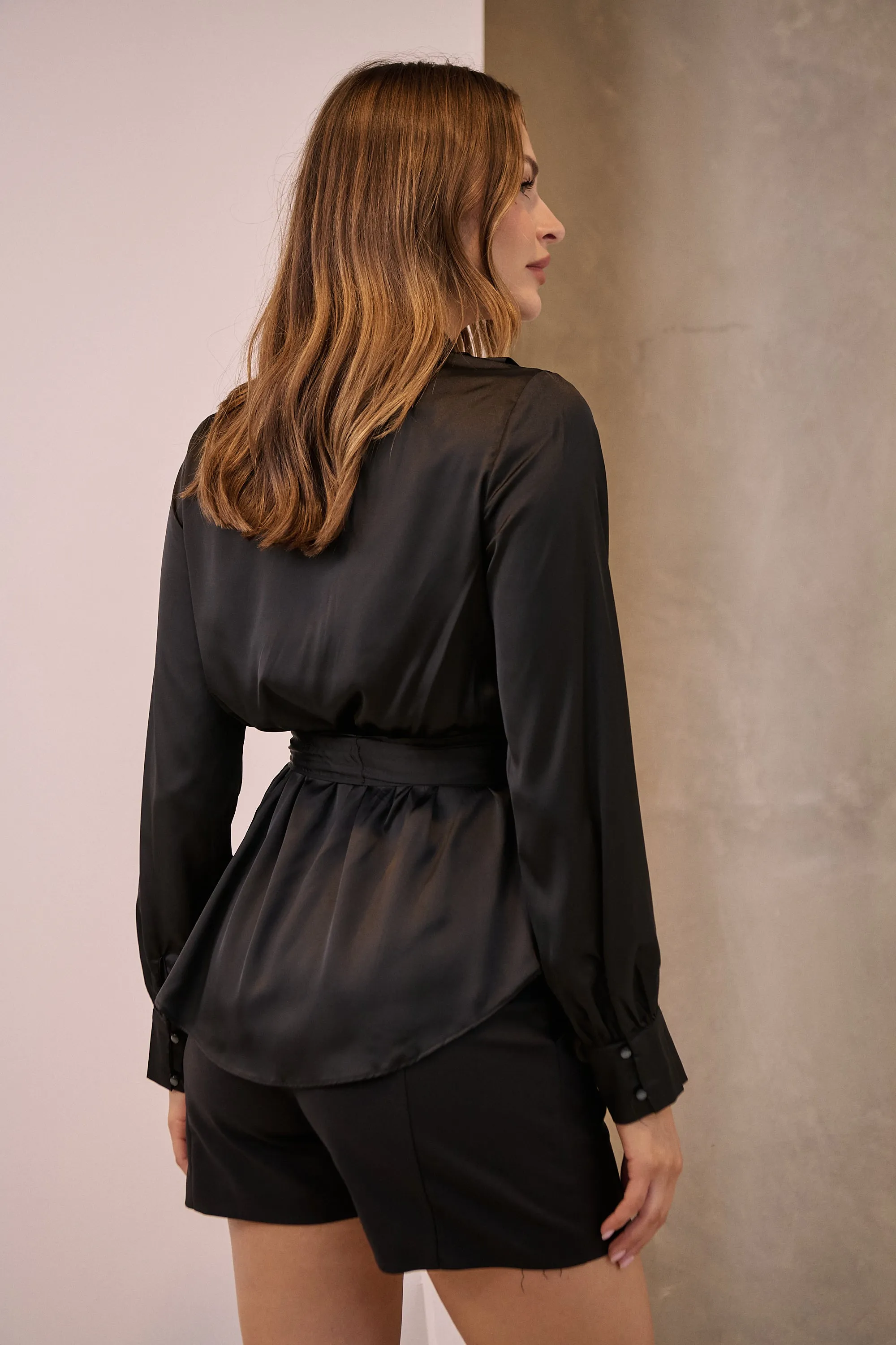 Iris Wrap Black Satin Long Sleeve Evening Top