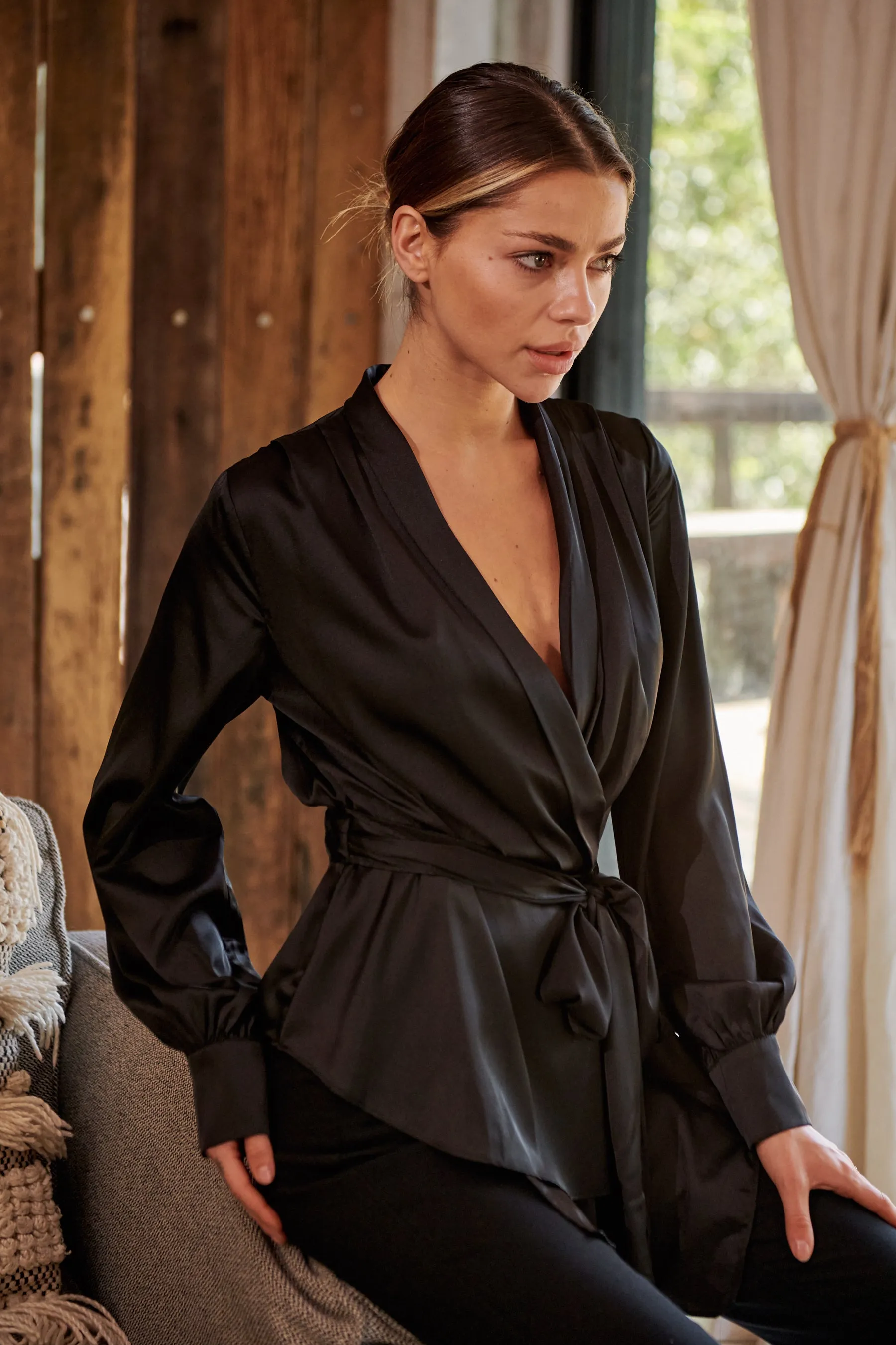 Iris Wrap Black Satin Long Sleeve Evening Top