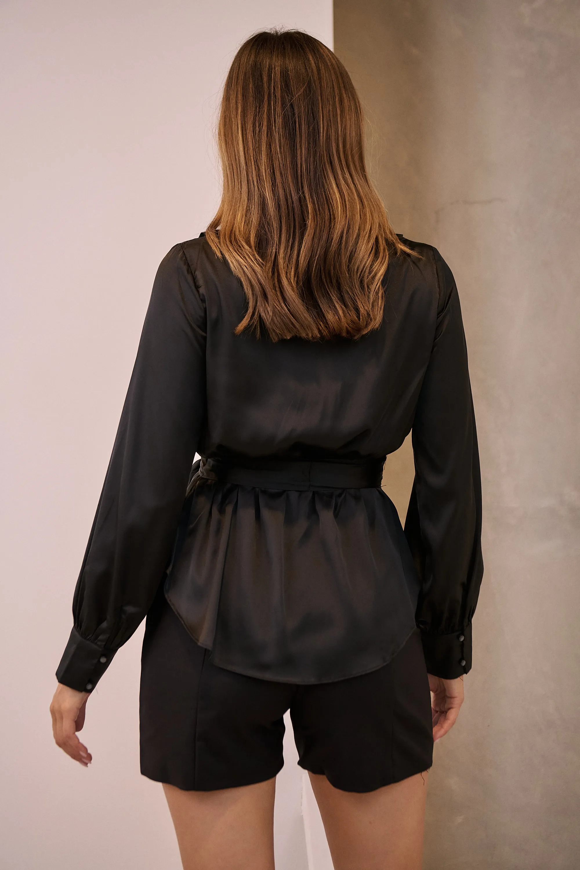 Iris Wrap Black Satin Long Sleeve Evening Top