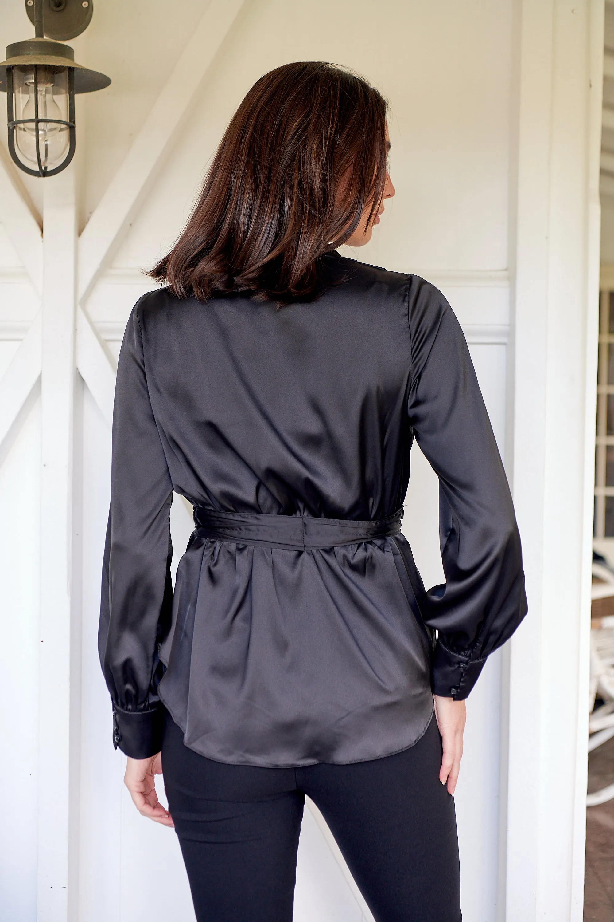 Iris Wrap Black Satin Long Sleeve Evening Top