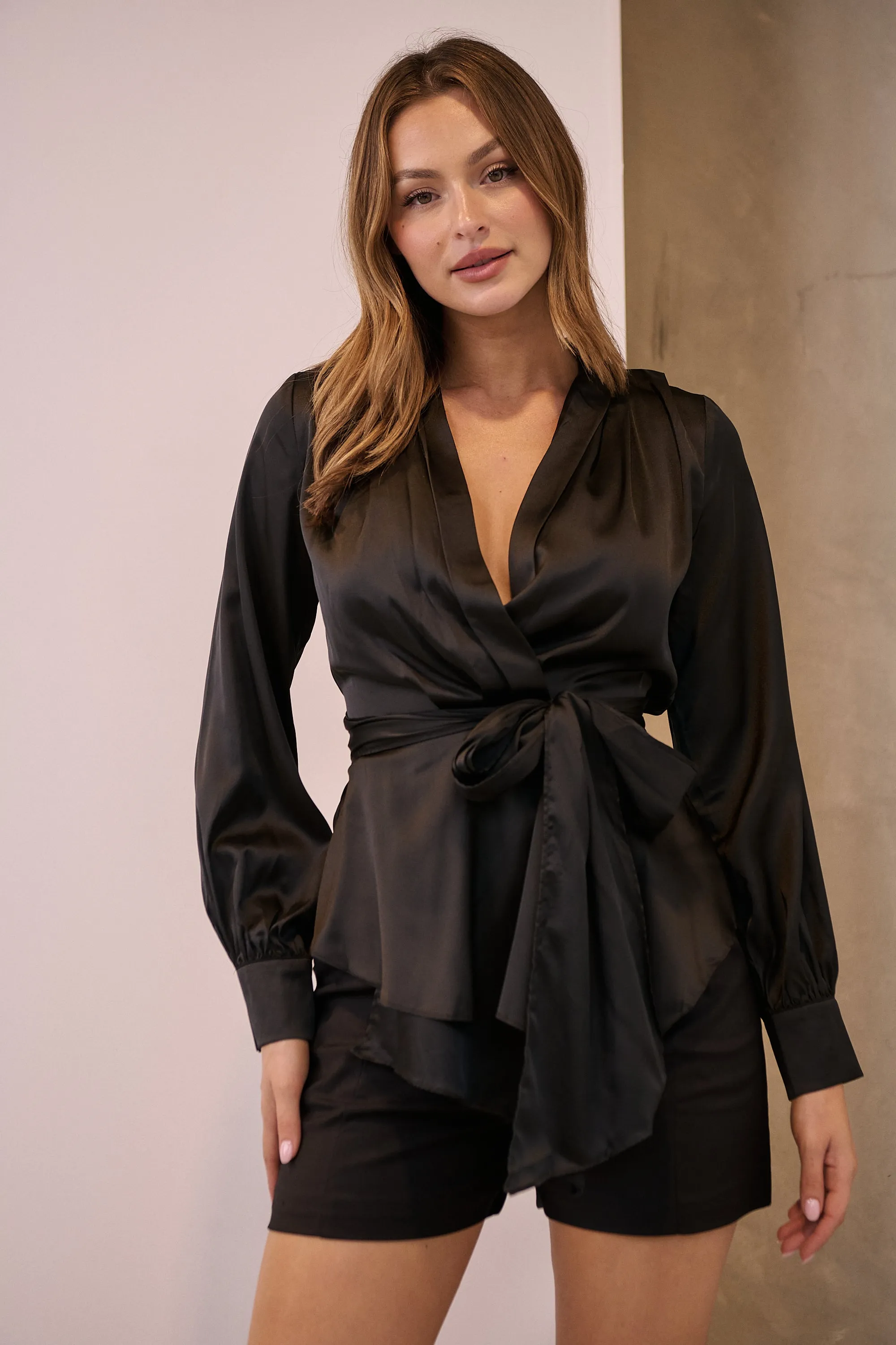 Iris Wrap Black Satin Long Sleeve Evening Top