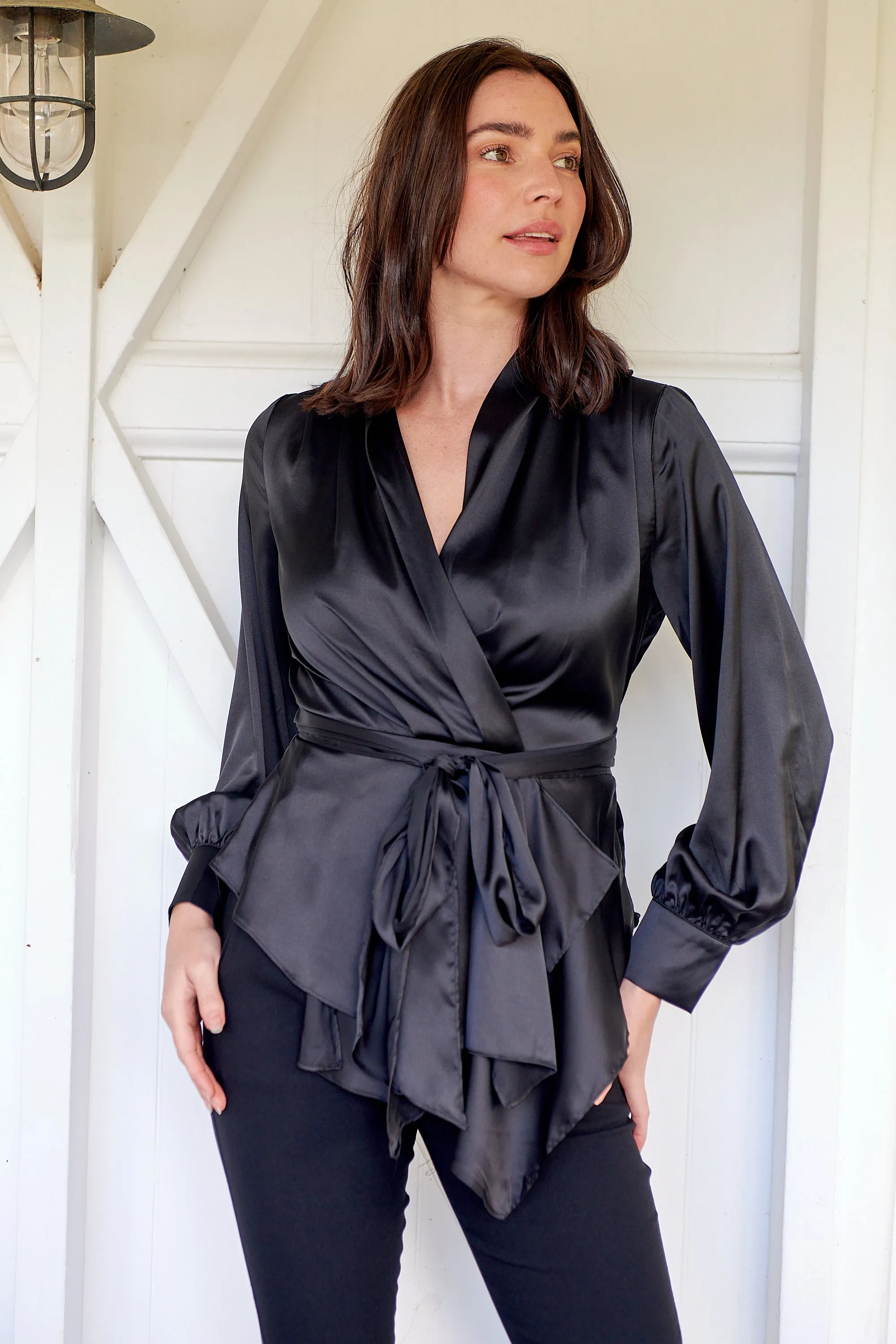 Iris Wrap Black Satin Long Sleeve Evening Top