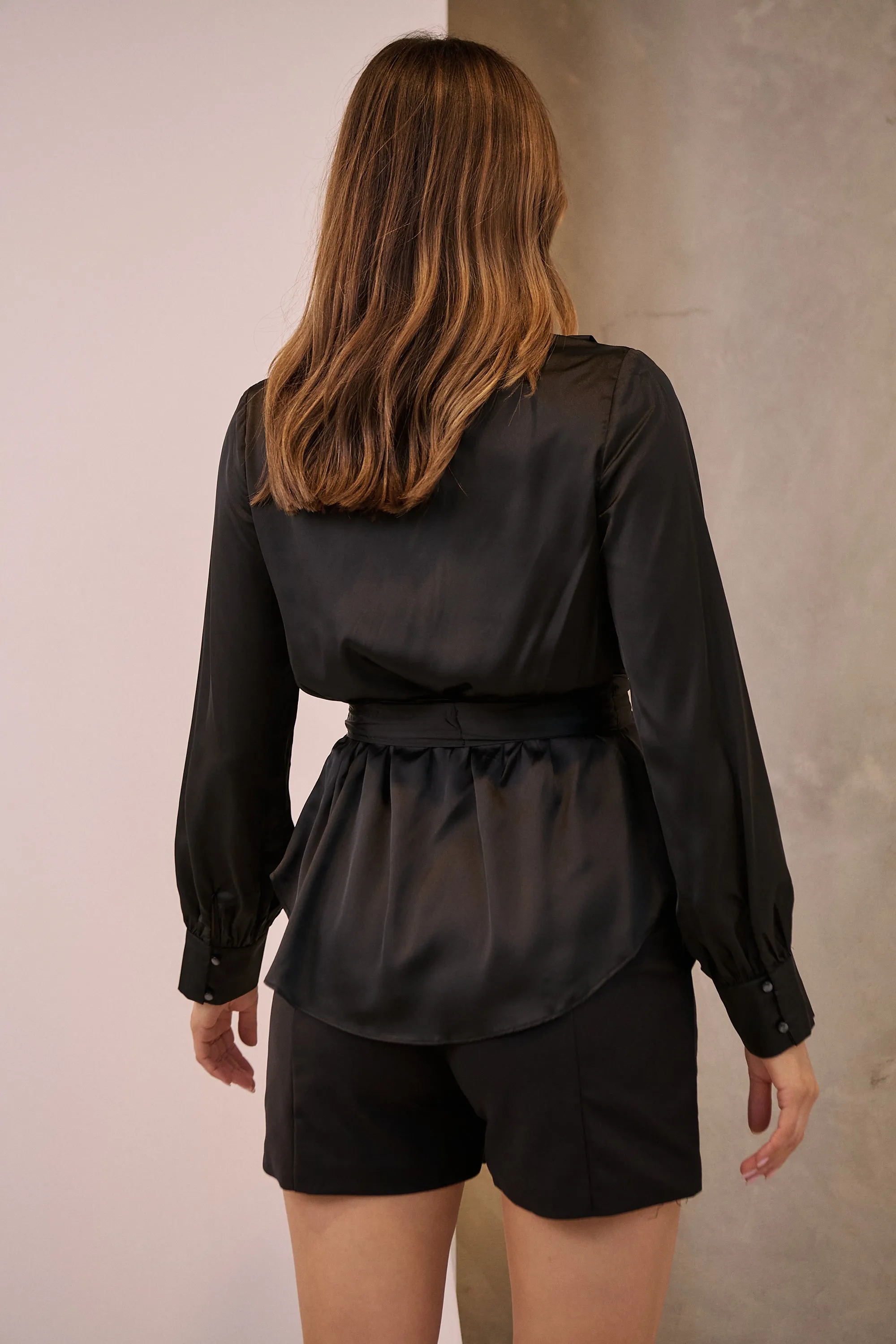 Iris Wrap Black Satin Long Sleeve Evening Top