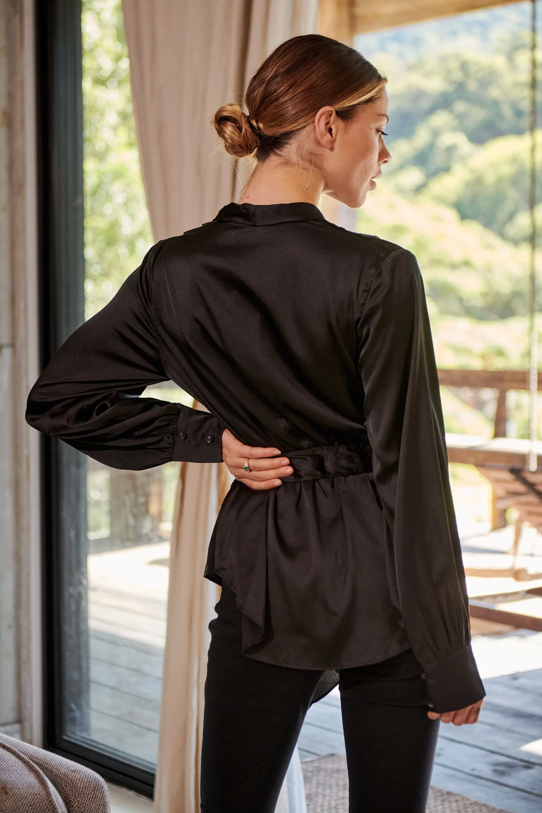 Iris Wrap Black Satin Long Sleeve Evening Top