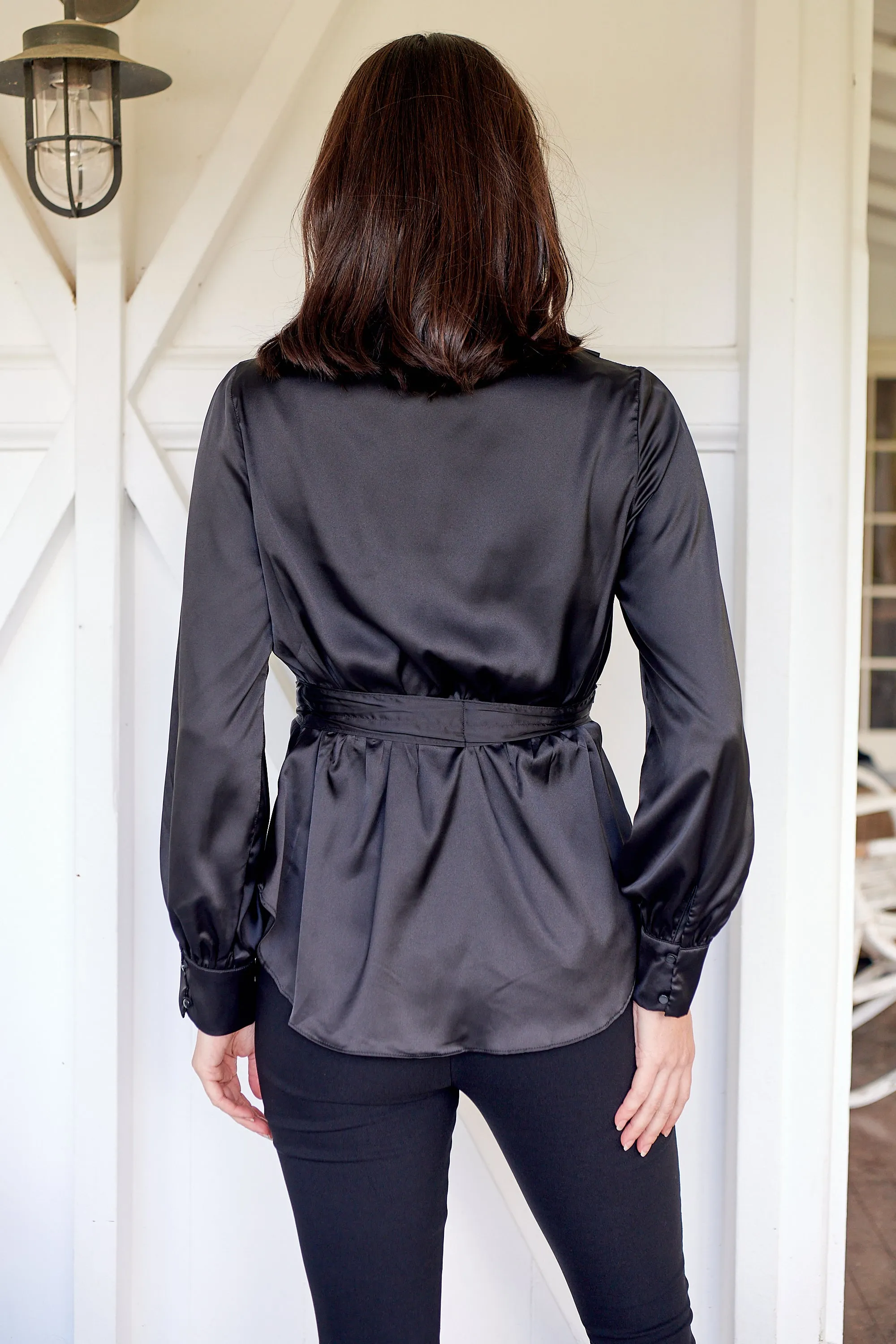 Iris Wrap Black Satin Long Sleeve Evening Top