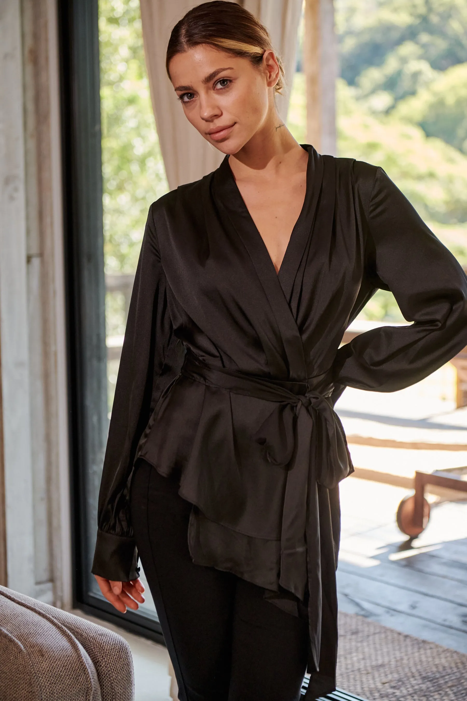 Iris Wrap Black Satin Long Sleeve Evening Top