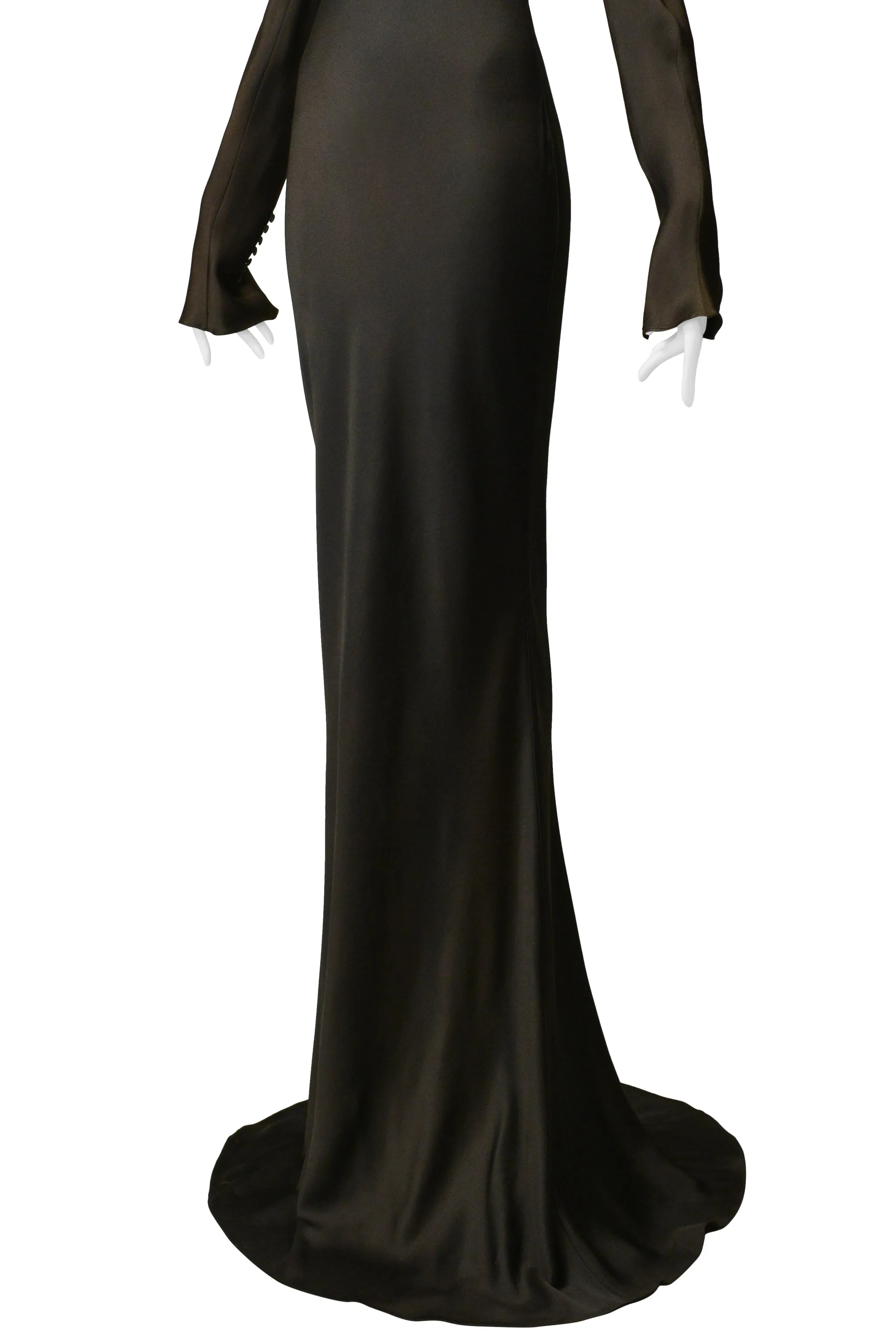 JOHN GALLIANO BRONZE SATIN GOWN WITH HIGH NECK AND DRAMATIC LONG SLEEVES 1998