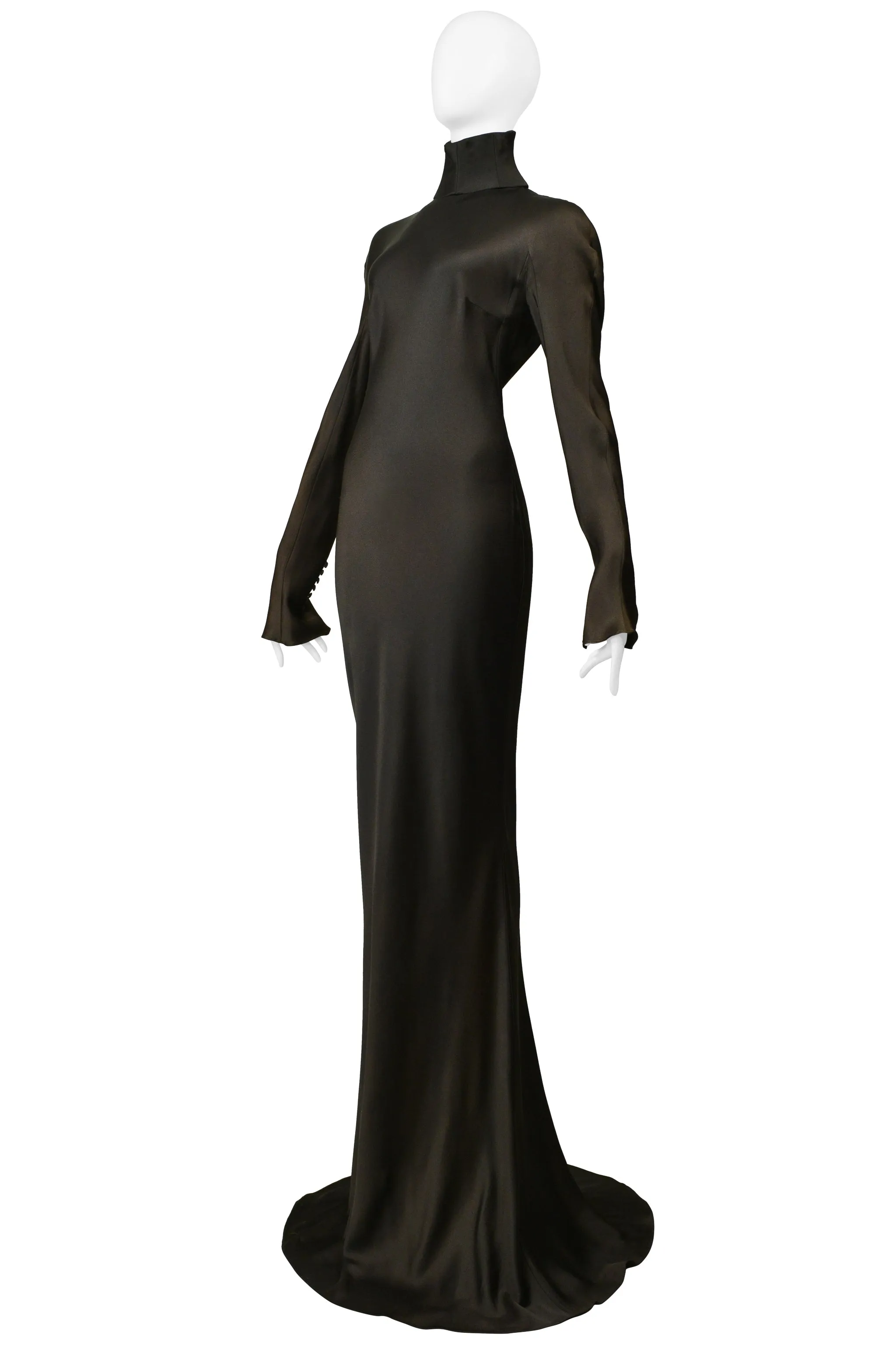 JOHN GALLIANO BRONZE SATIN GOWN WITH HIGH NECK AND DRAMATIC LONG SLEEVES 1998