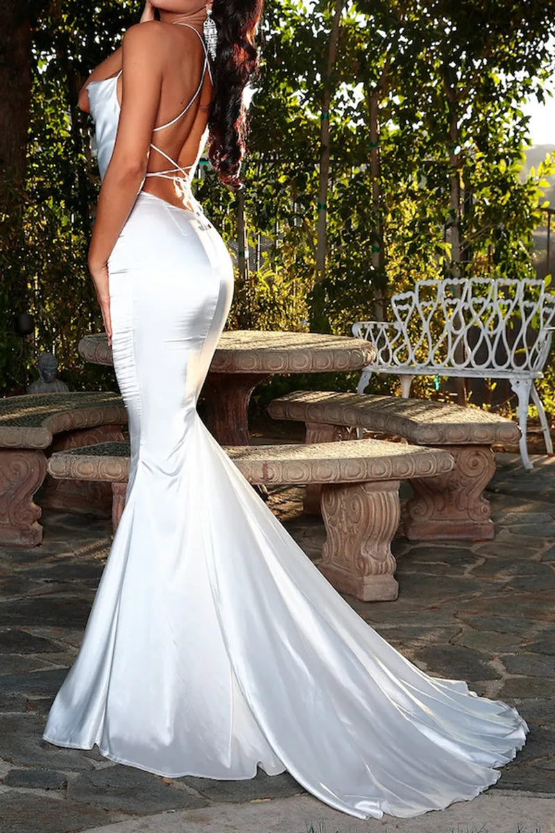 L1843 - Scoop Spaghetti Straps Ruched Satin Mermaid Long Formal Evening Gown