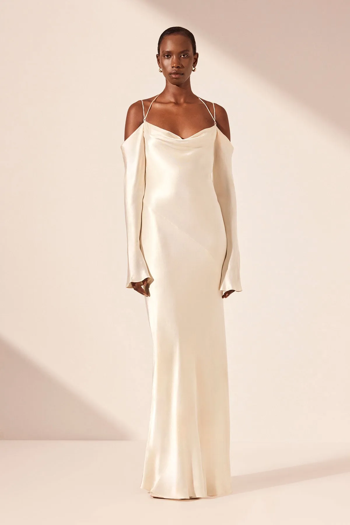 LA LUNE OFF SHOULDER TIE MAXI DRESS - CREAM