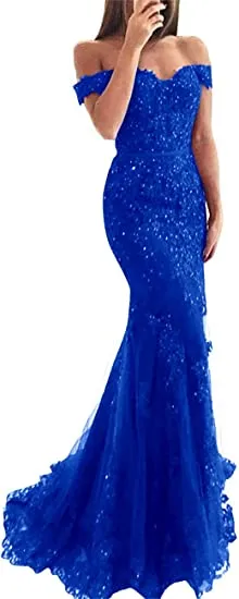 Lace beaded tulle maxi evening dress off the shoulder mermaid formal party dress SH558