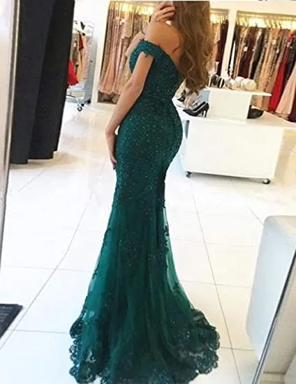 Lace beaded tulle maxi evening dress off the shoulder mermaid formal party dress SH558