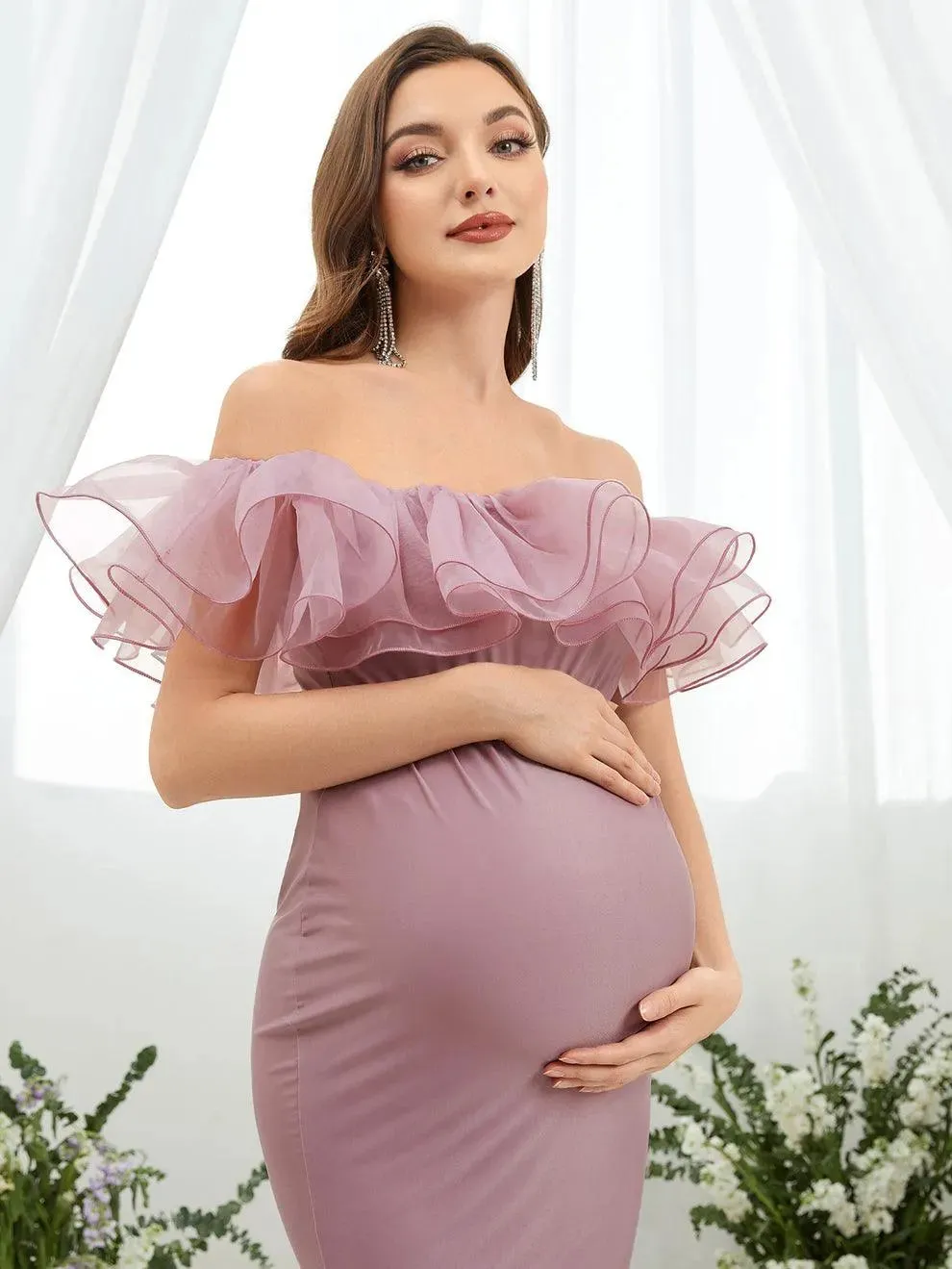 Maternity Ruffle Trim Off Shoulder Mermaid Hem Party Dress