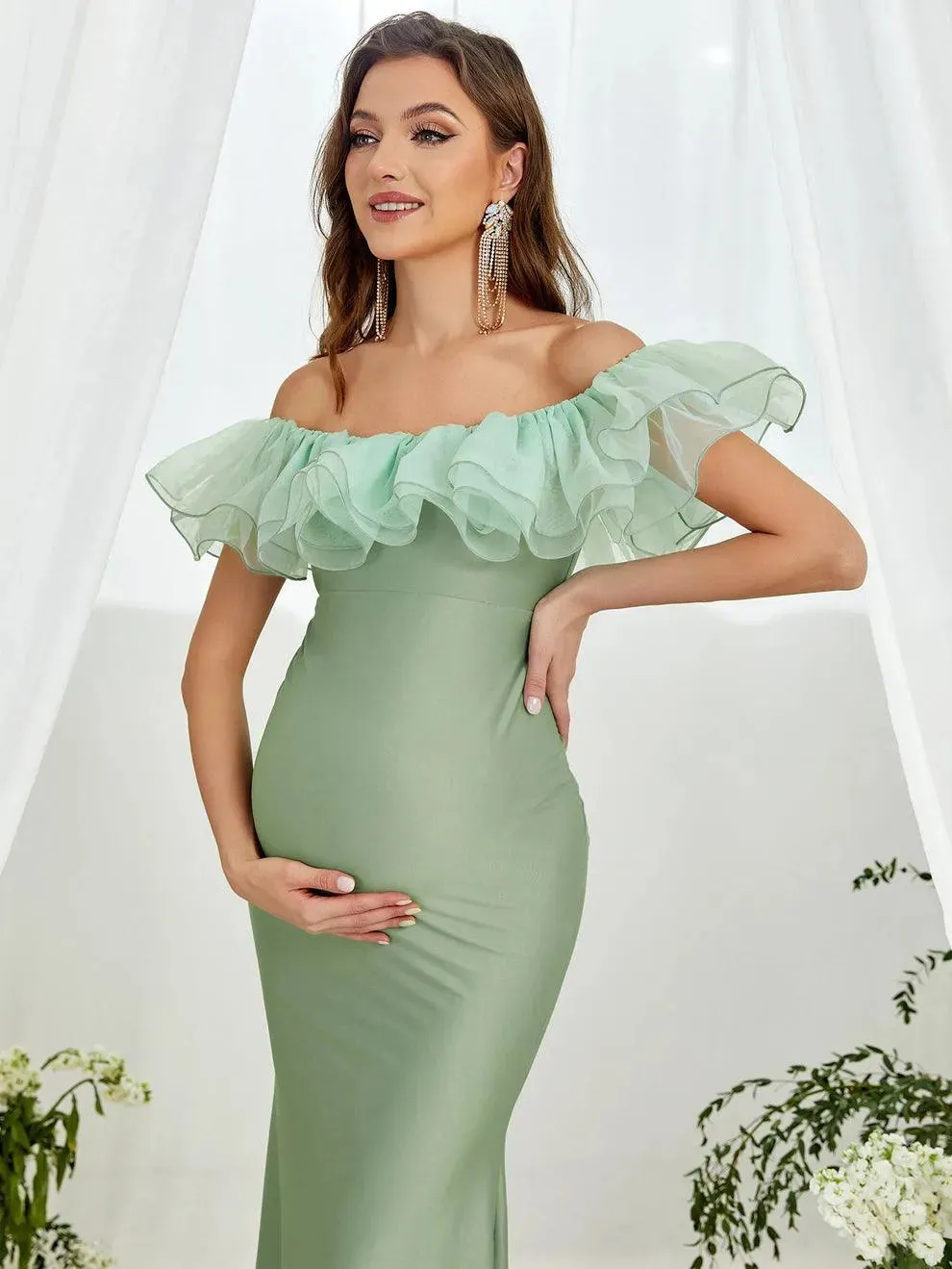 Maternity Ruffle Trim Off Shoulder Mermaid Hem Party Dress