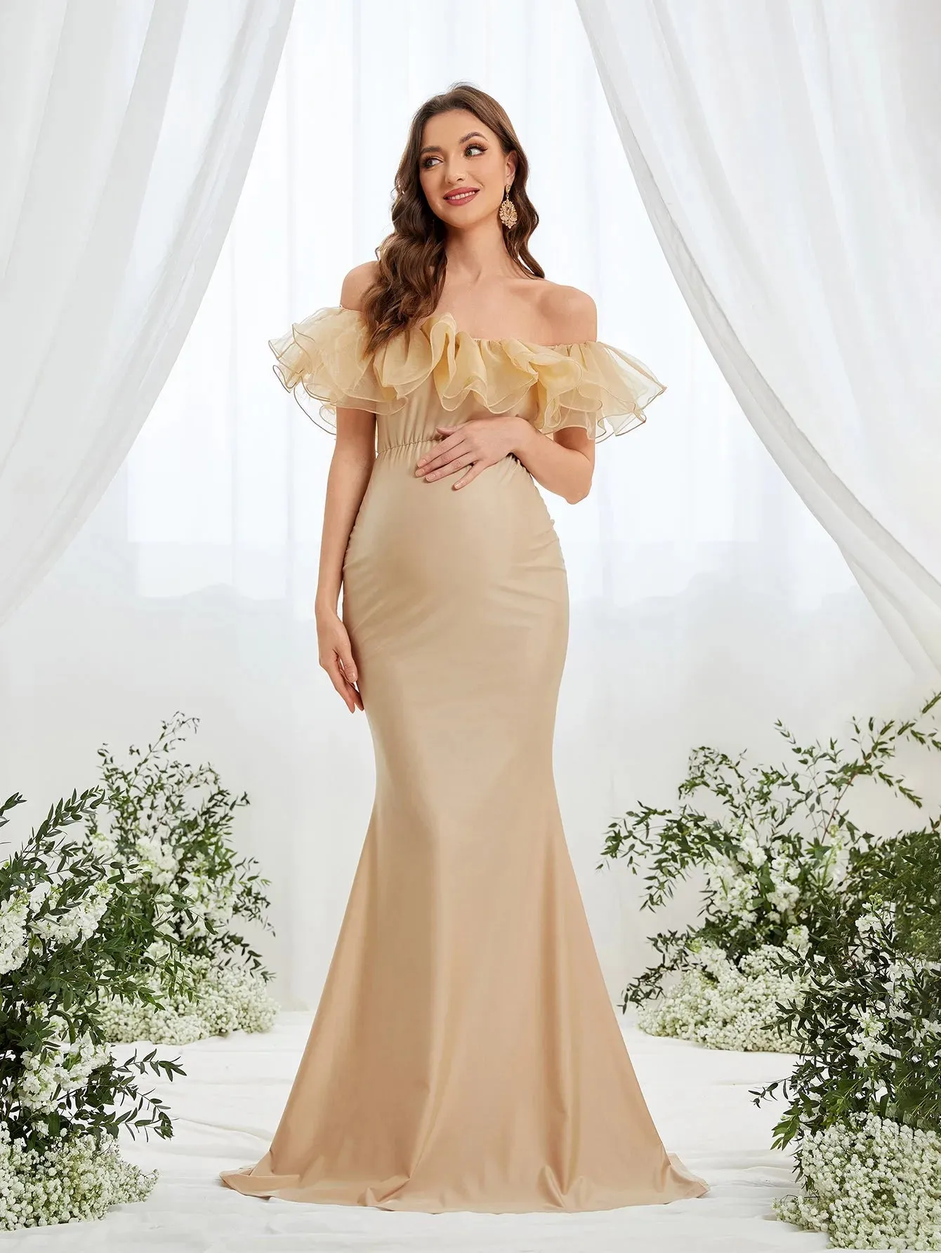 Maternity Ruffle Trim Off Shoulder Mermaid Hem Party Dress