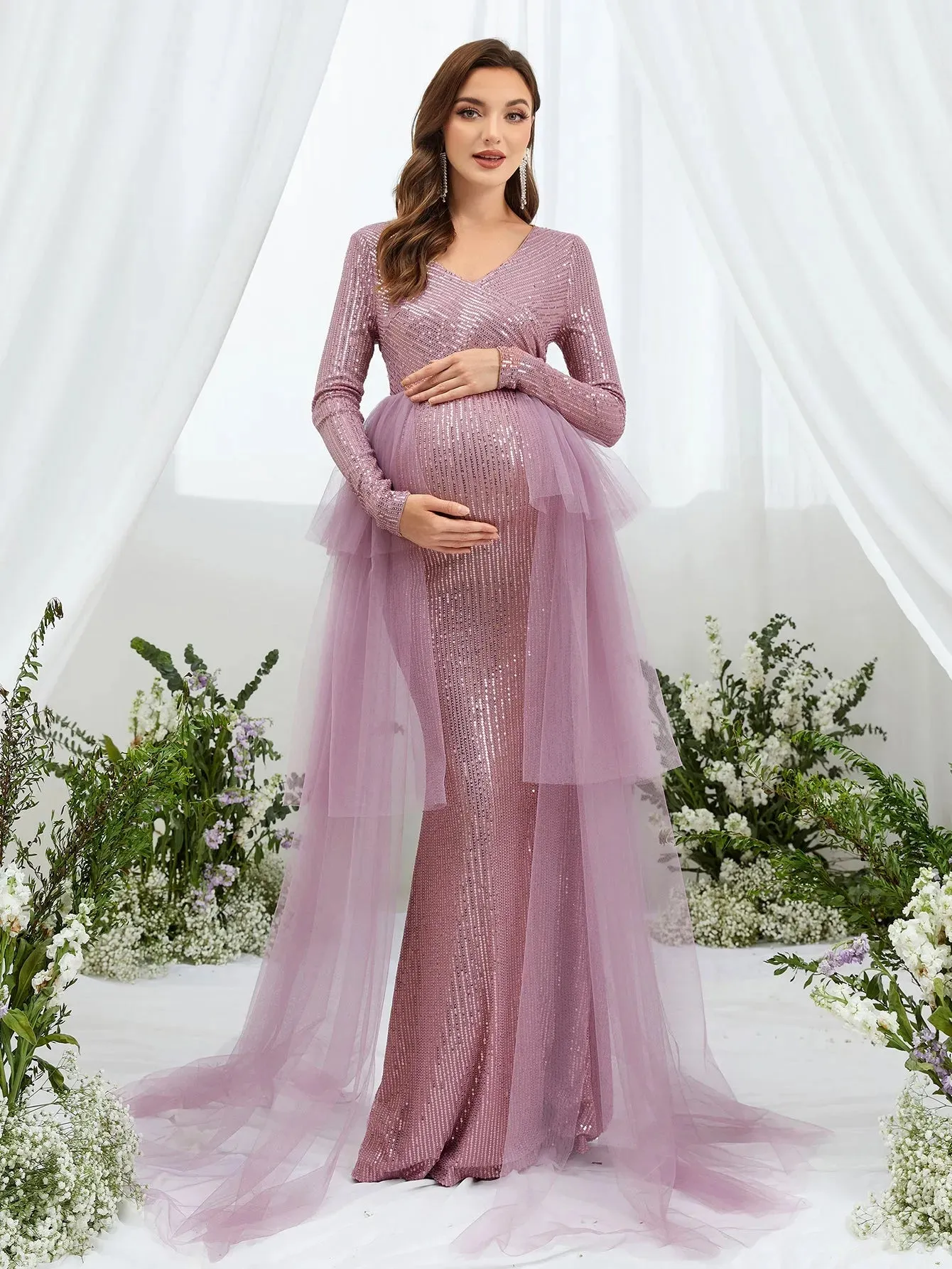 Maternity Surplice Nec Mesh Overlay Sequin Mermaid Dress